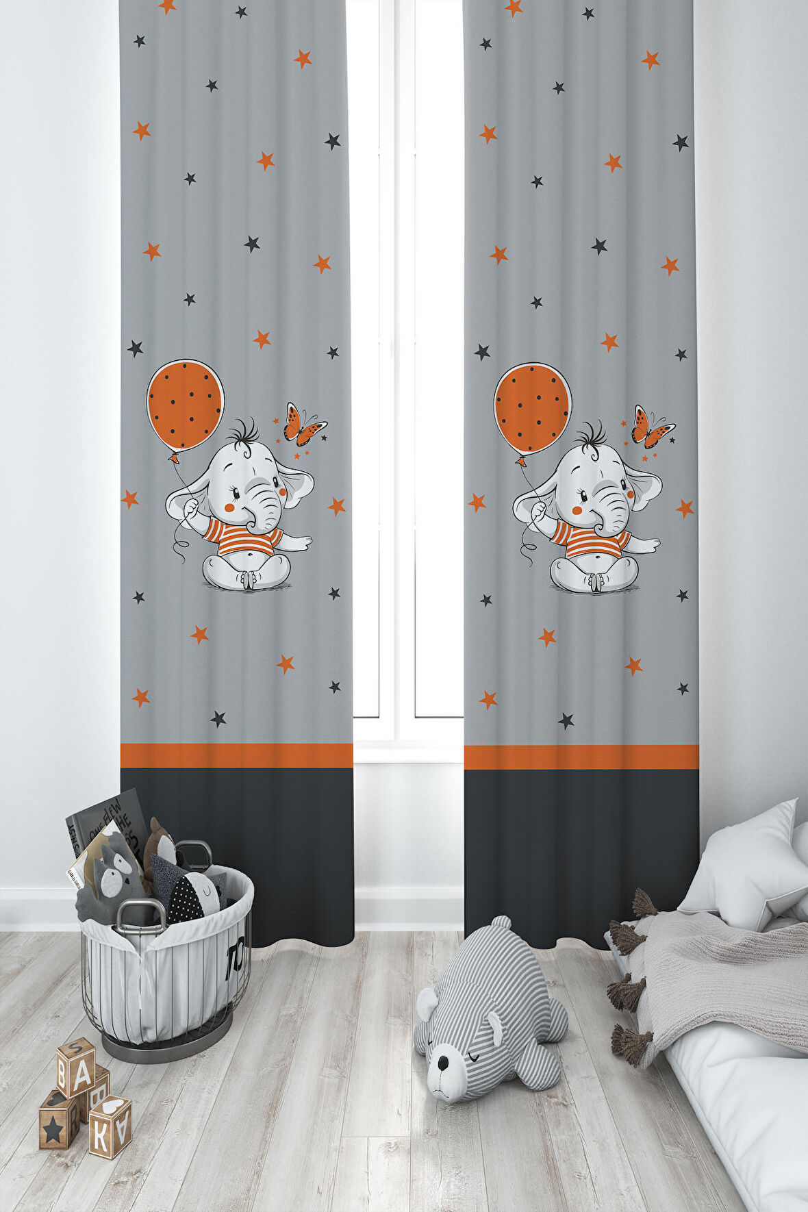 MEKTA HOME BEBEK VE ÇOCUK ODASI Turncu Filli Balon Desenli 2 Kanat Fon Perde