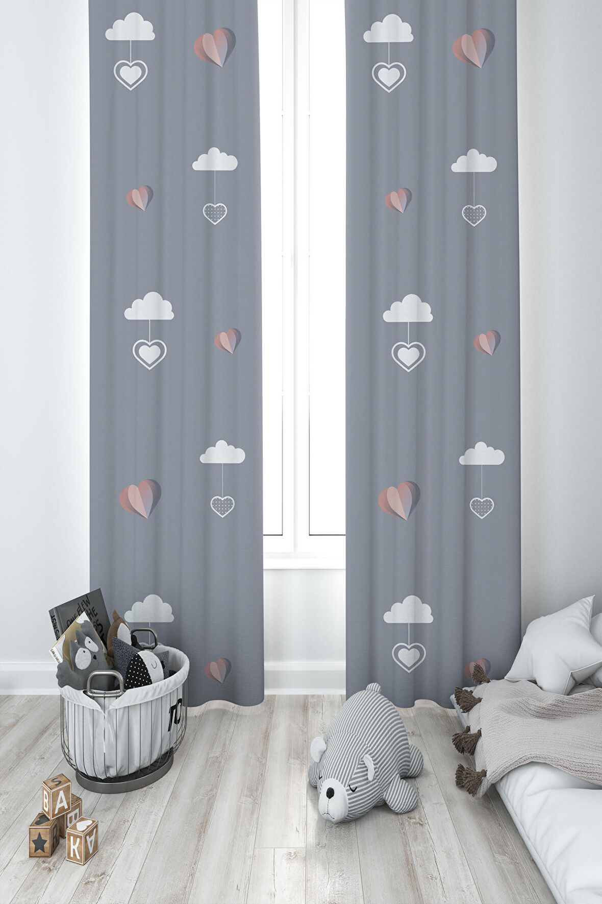 MEKTA HOME BEBEK VE ÇOCUK ODASI Kalp ve Bulut Balon Desenli 2 Kanat Fon Perde