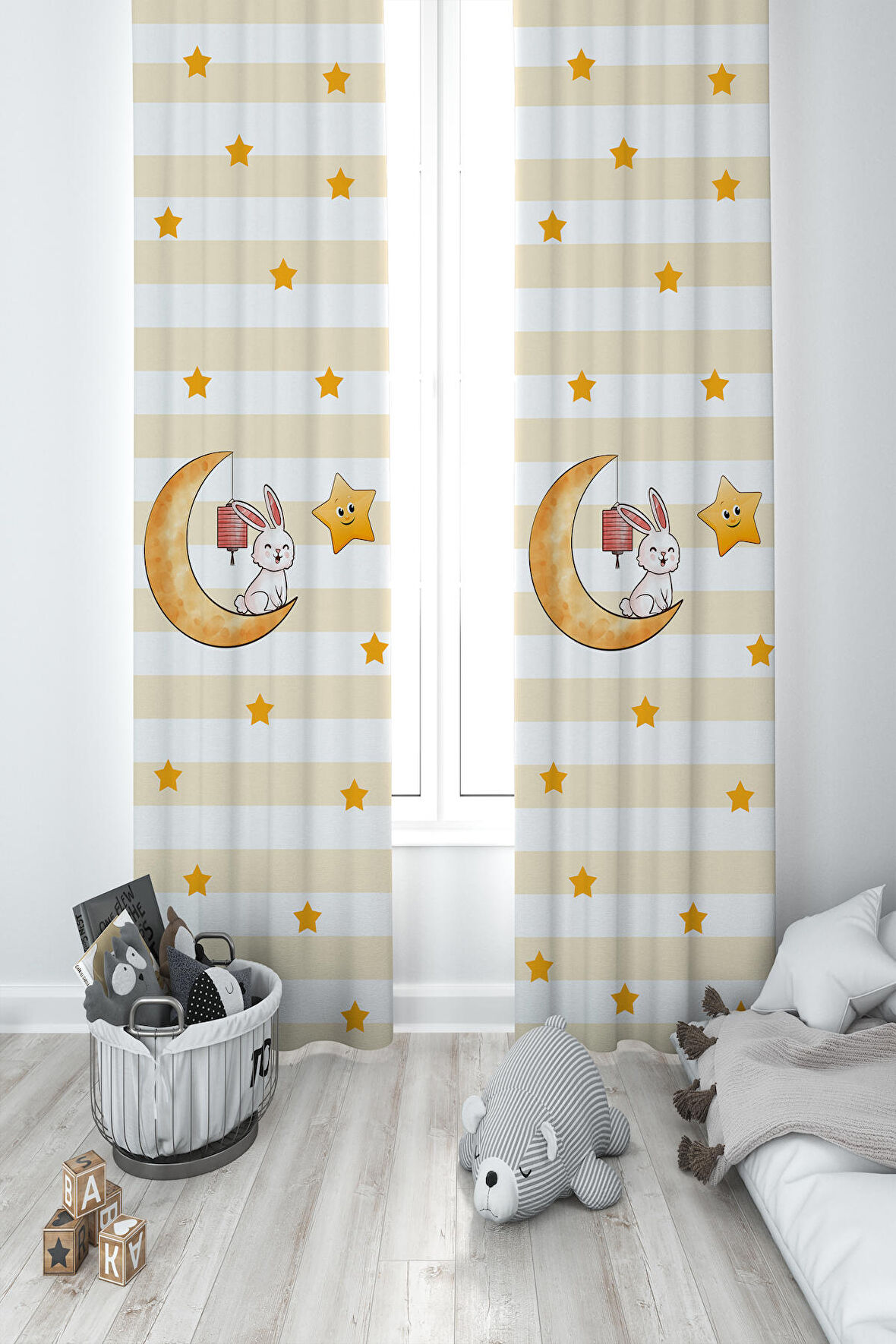 MEKTA HOME BEBEK VE ÇOCUK ODASI Ay Üzerinde Oturan Tavşan ve Yıldız Desenli 2 Kanat Fon Perde