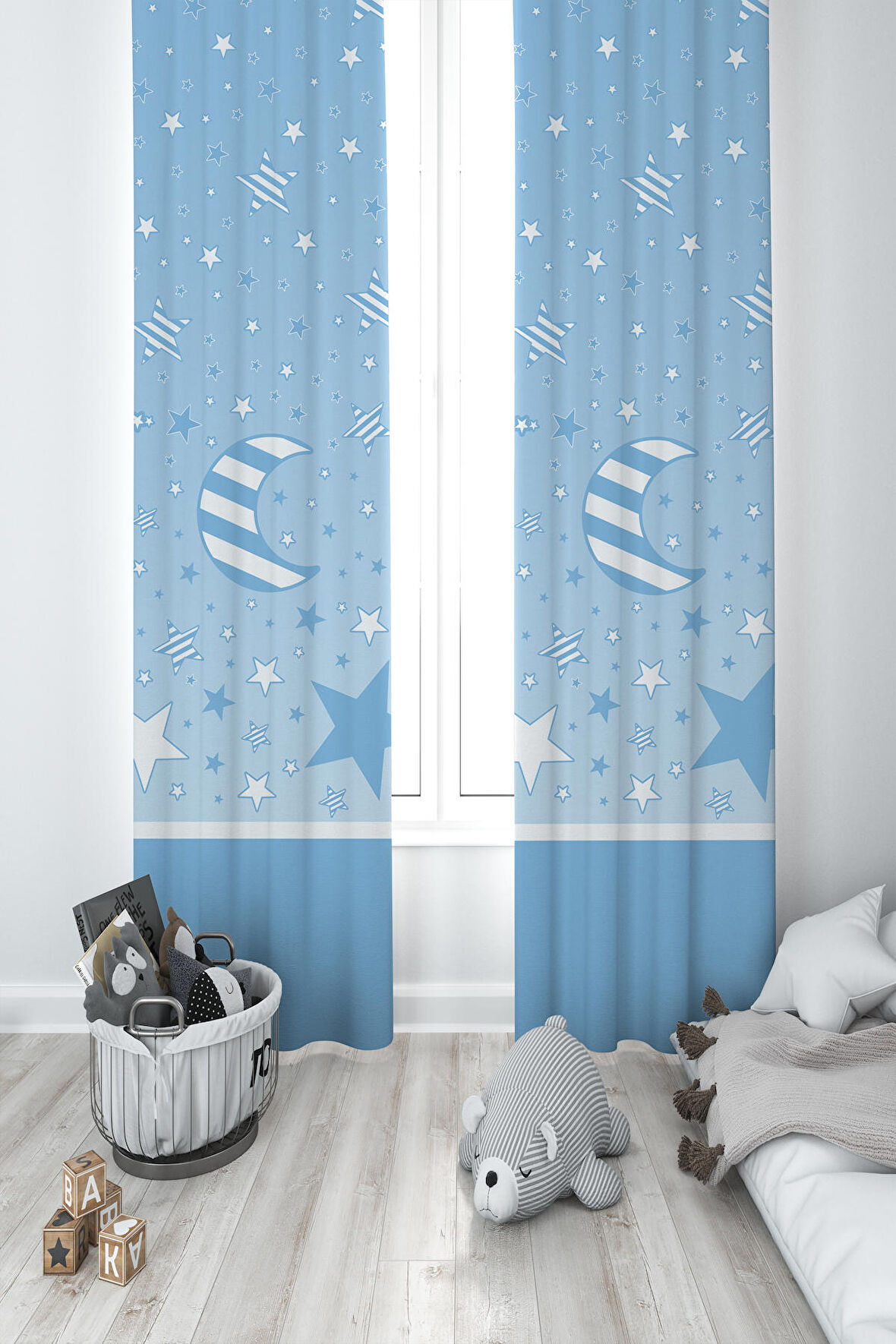 MEKTA HOME BEBEK VE ÇOCUK ODASI Ay ve Yıldız Desenli Mavi 2 Kanat Fon Perde