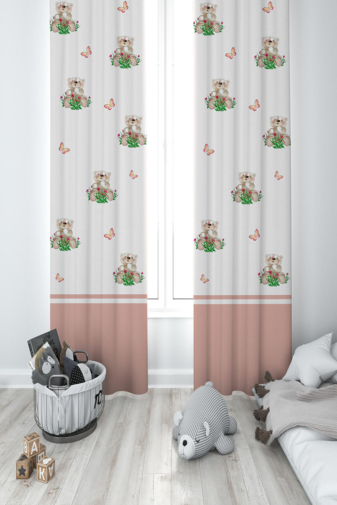 MEKTA HOME BEBEK VE ÇOCUK ODASI Ayıcık ve Çiçek Desenli 2 Kanat Fon Perde