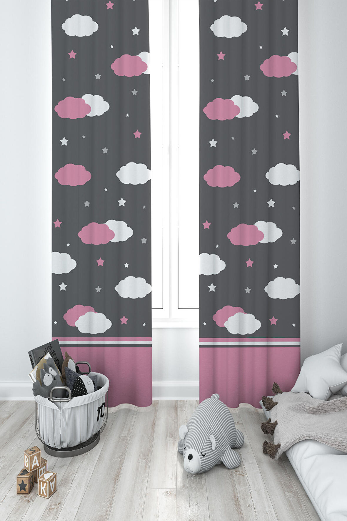 MEKTA HOME BEBEK VE ÇOCUK ODASI Pembe ve Beyaz Bulut Desenli 2 Kanat Fon Perde