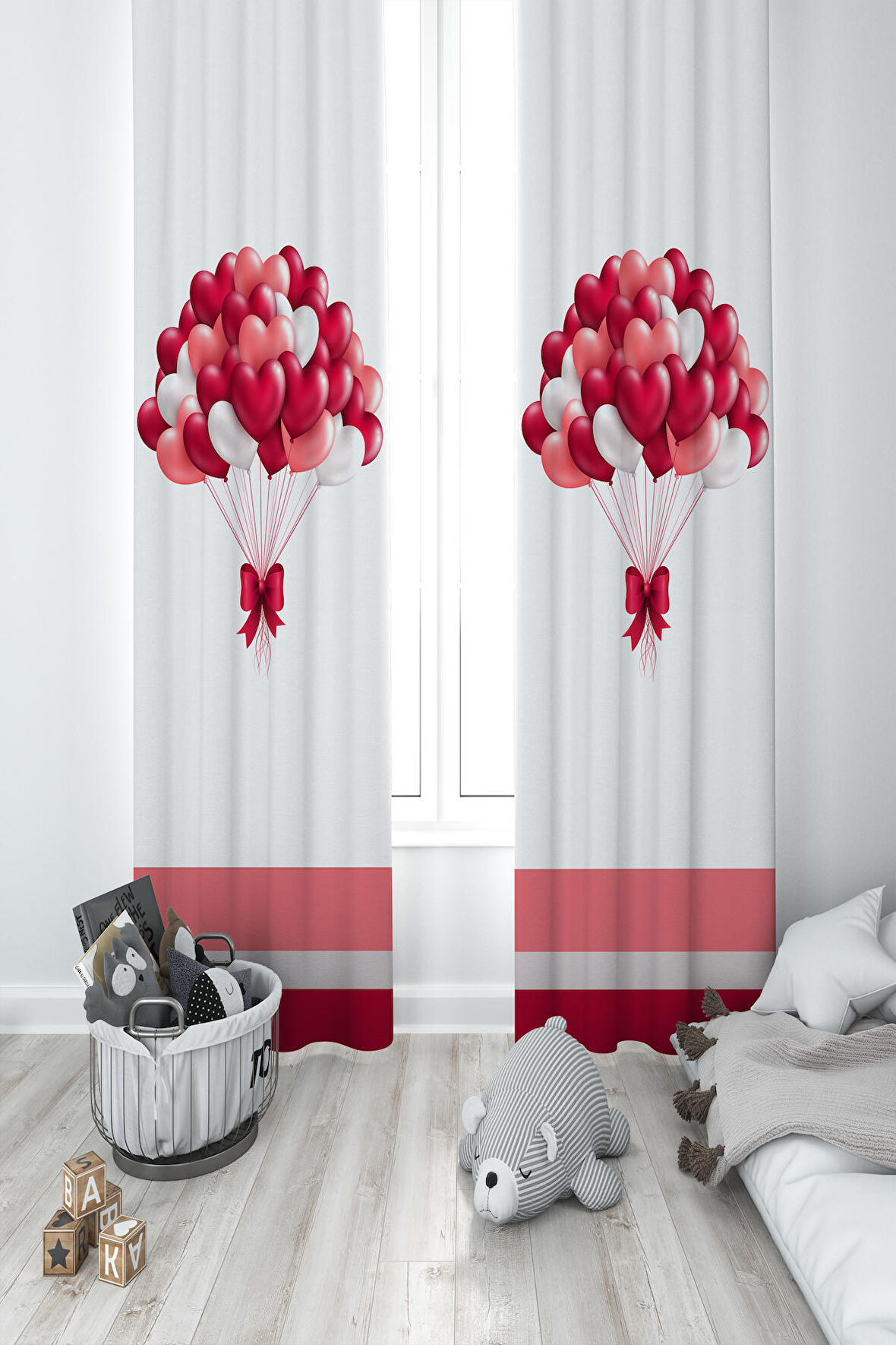MEKTA HOME BEBEK VE ÇOCUK ODASI Fiyonklu Kalpli Balon Desenli 2 Kanat Fon Perde