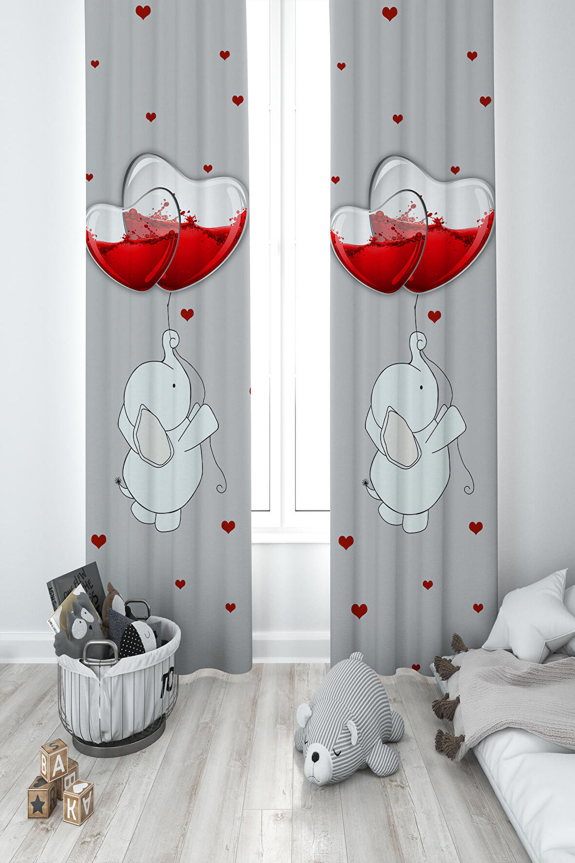 MEKTA HOME BEBEK VE ÇOCUK ODASI Fil ve Kalpli Balon Desenli 2 Kanat Fon Perde