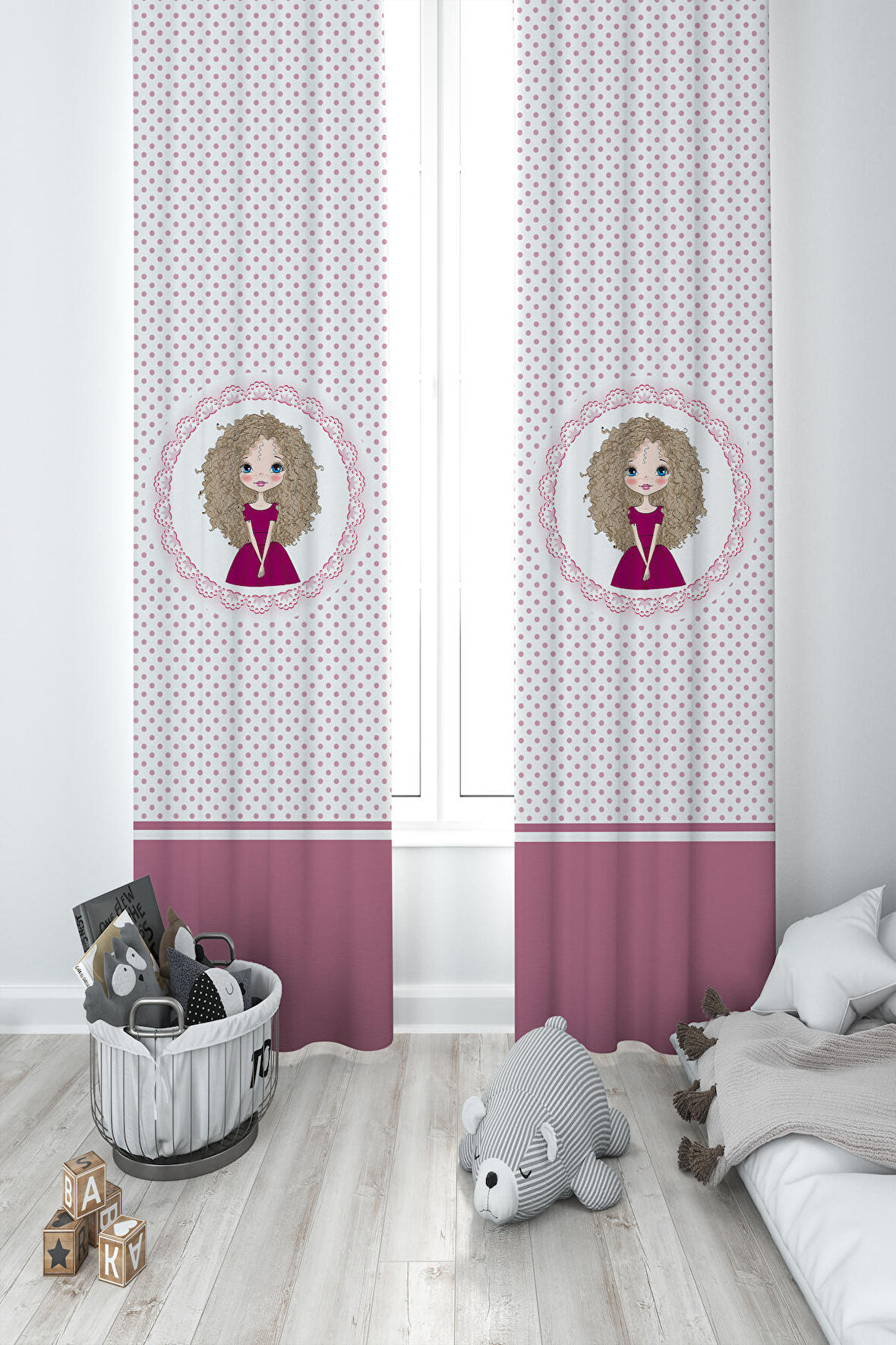MEKTA HOME BEBEK VE ÇOCUK ODASI Kıvırcık Saçlı Prenses Kız Deseli 2 Kanat Fon Perde