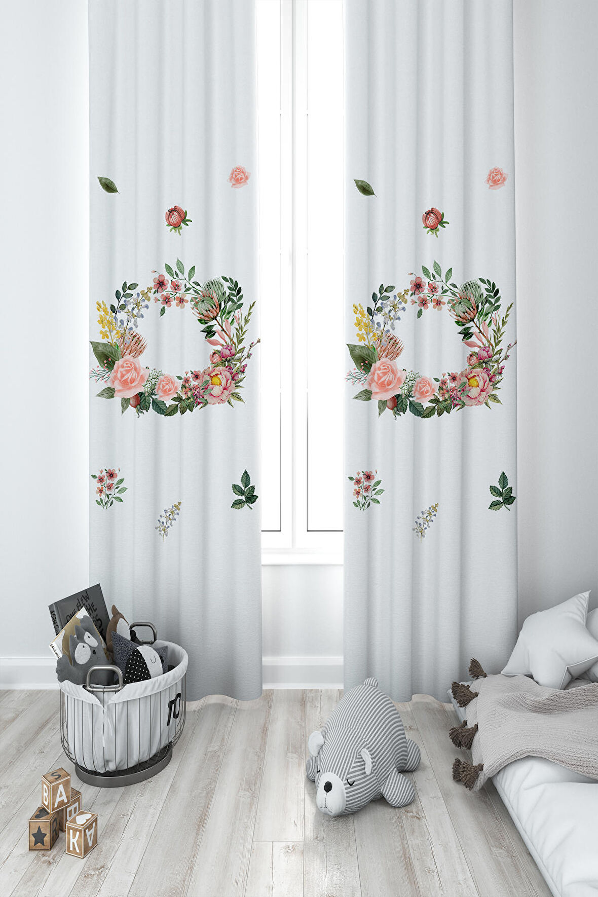 MEKTA HOME BEBEK VE ÇOCUK ODASI Çiçekli Çelenk Desenli 2 Kanat Fon Perde