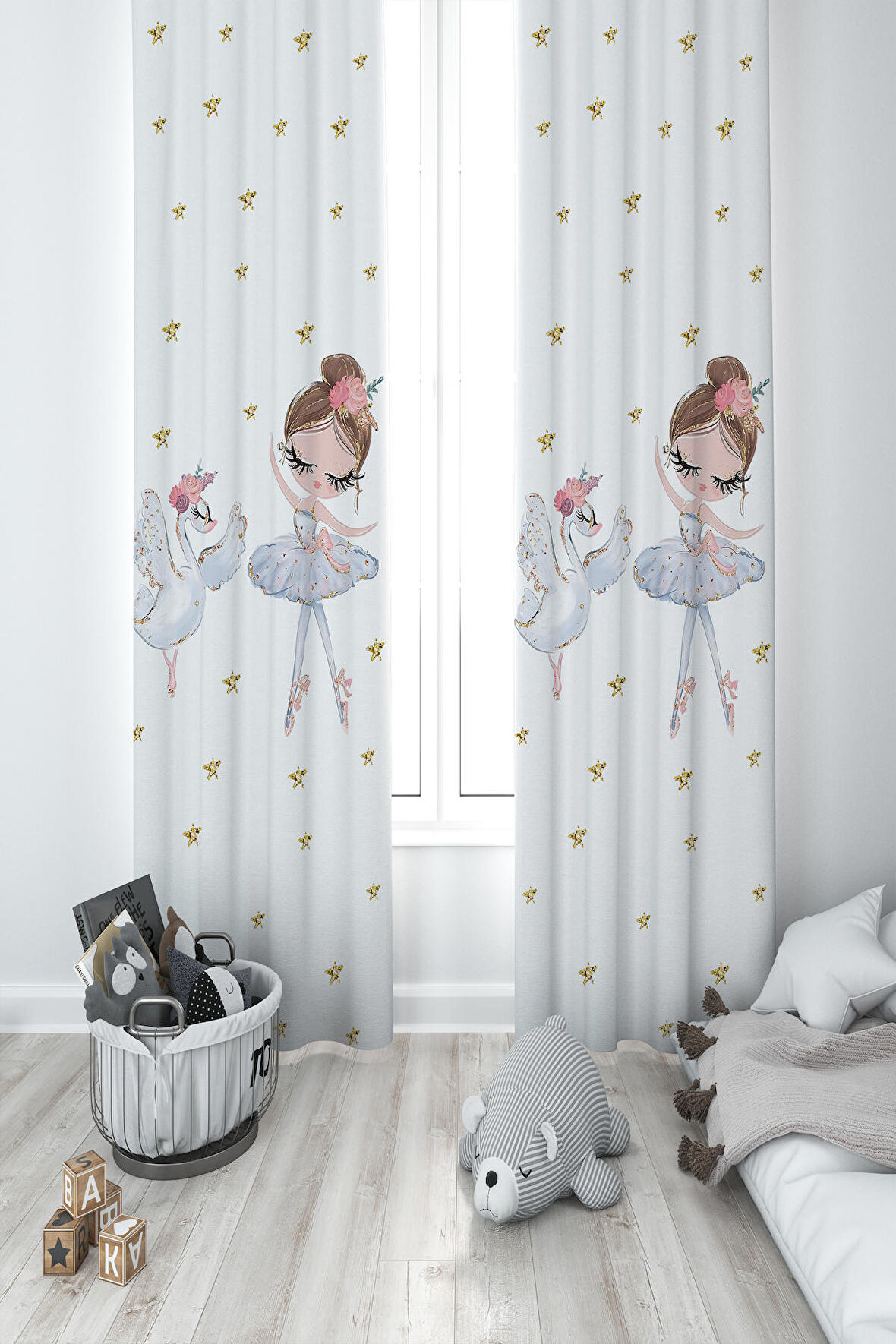 MEKTA HOME BEBEK VE ÇOCUK ODASI Balerin Kız ve Kuğu Desenli 2 Kanat Fon Perde