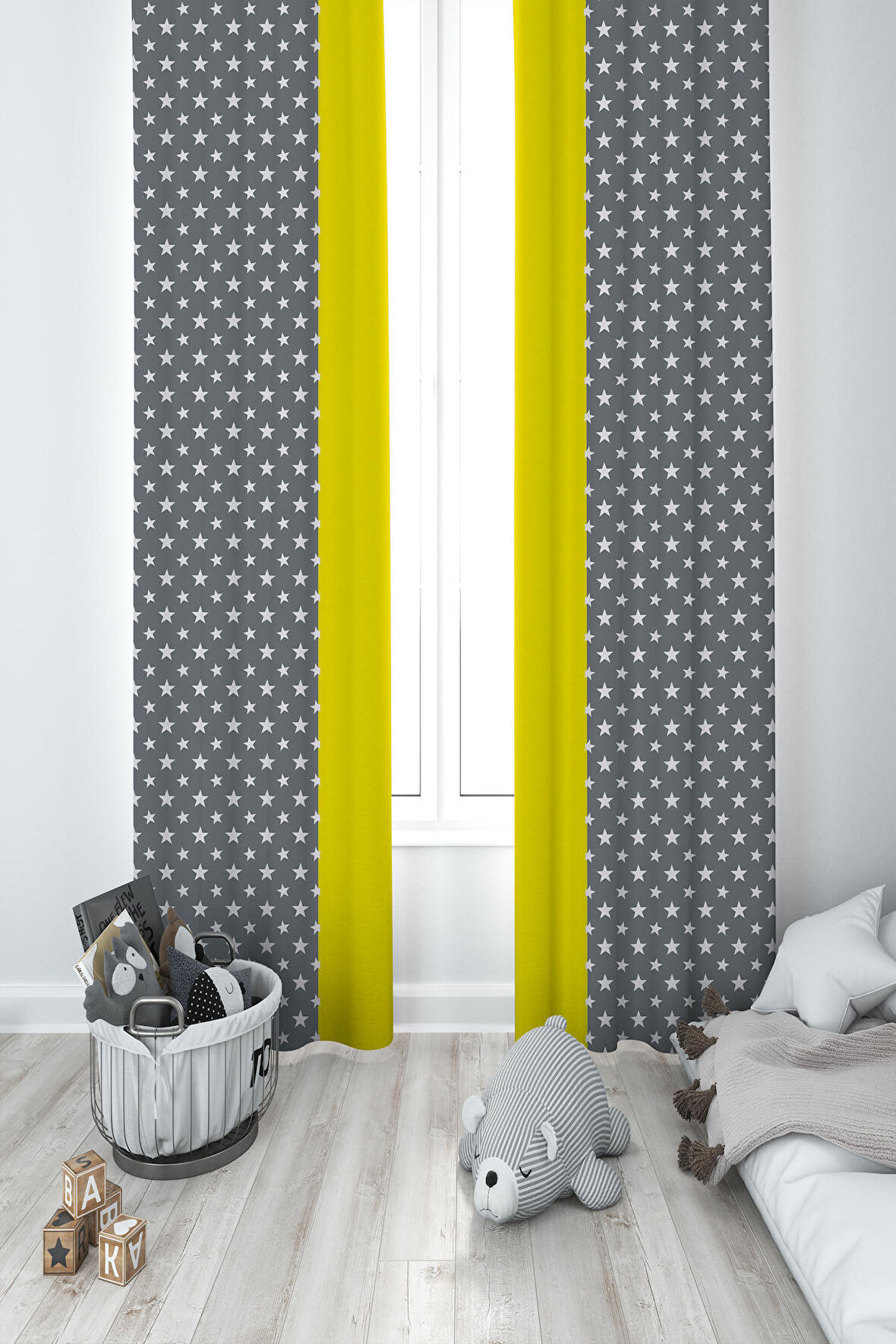 MEKTA HOME BEBEK VE ÇOCUK ODASI Gri Sarı Bulutlu Yıldız Desenli 2 Kanat Fon Perde