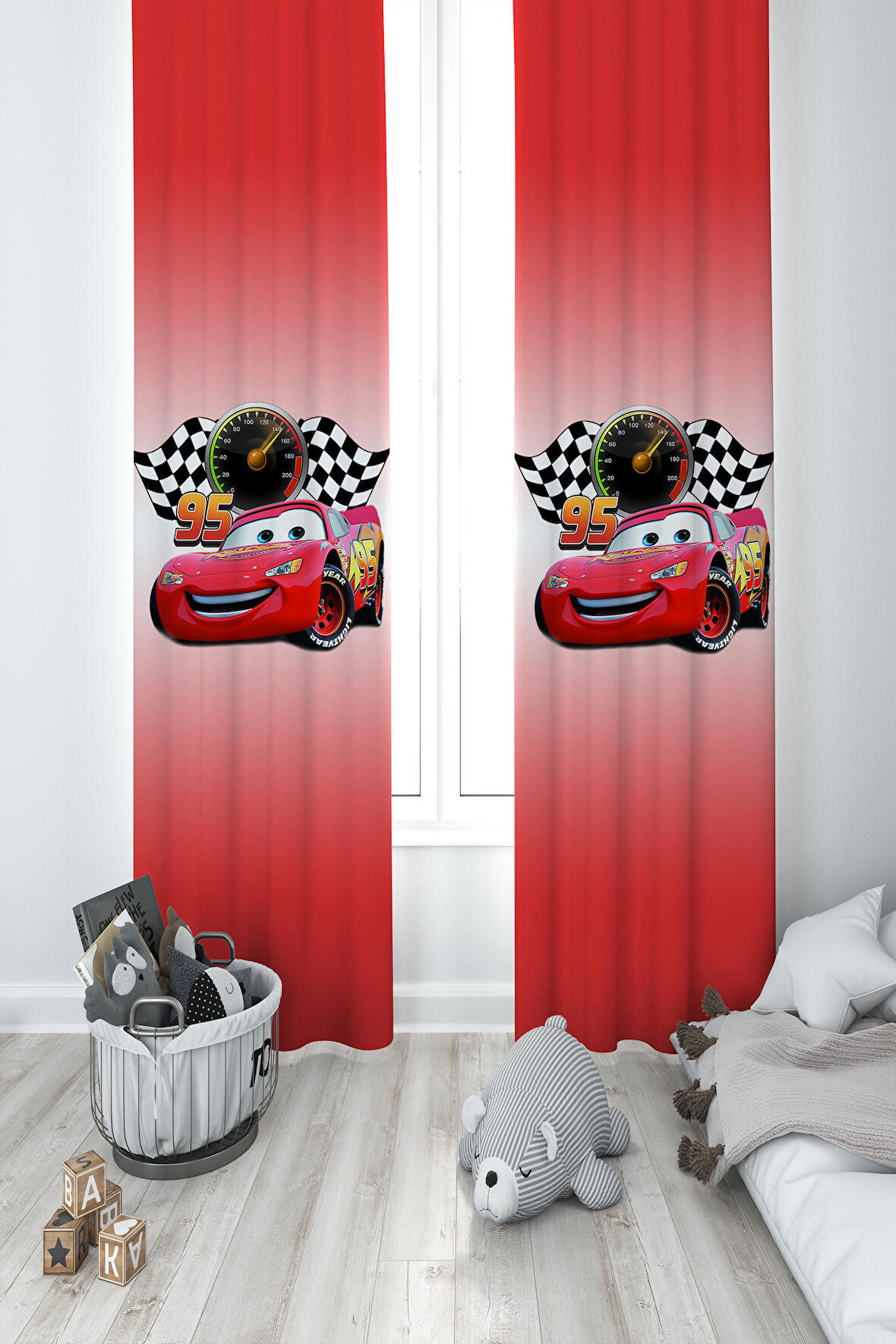 MEKTA HOME BEBEK VE ÇOCUK ODASI McQueen Desenli 2 Kanat Fon Perde