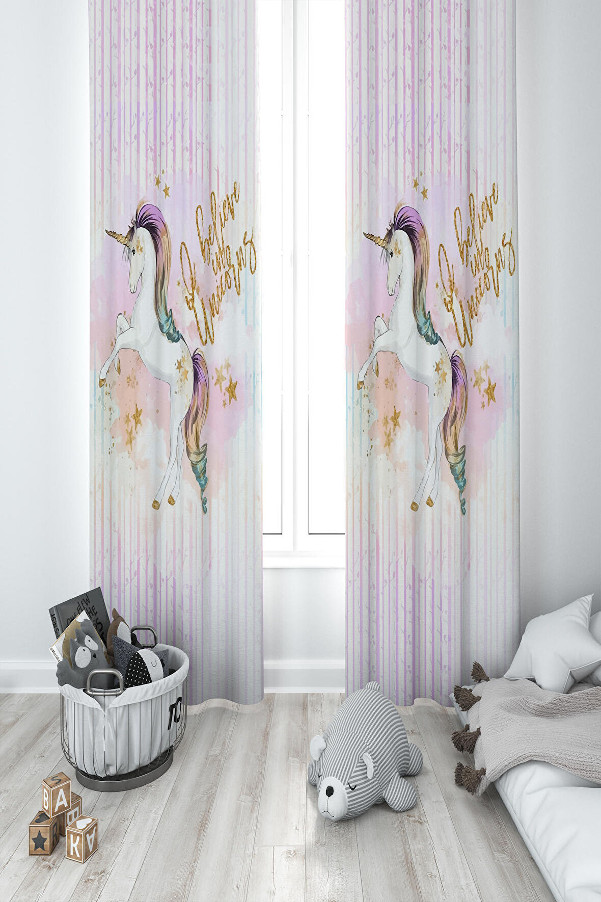 MEKTA HOME BEBEK VE ÇOCUK ODASI Yıldızlı Unicorn Desenli 2 Kanat Fon Perde