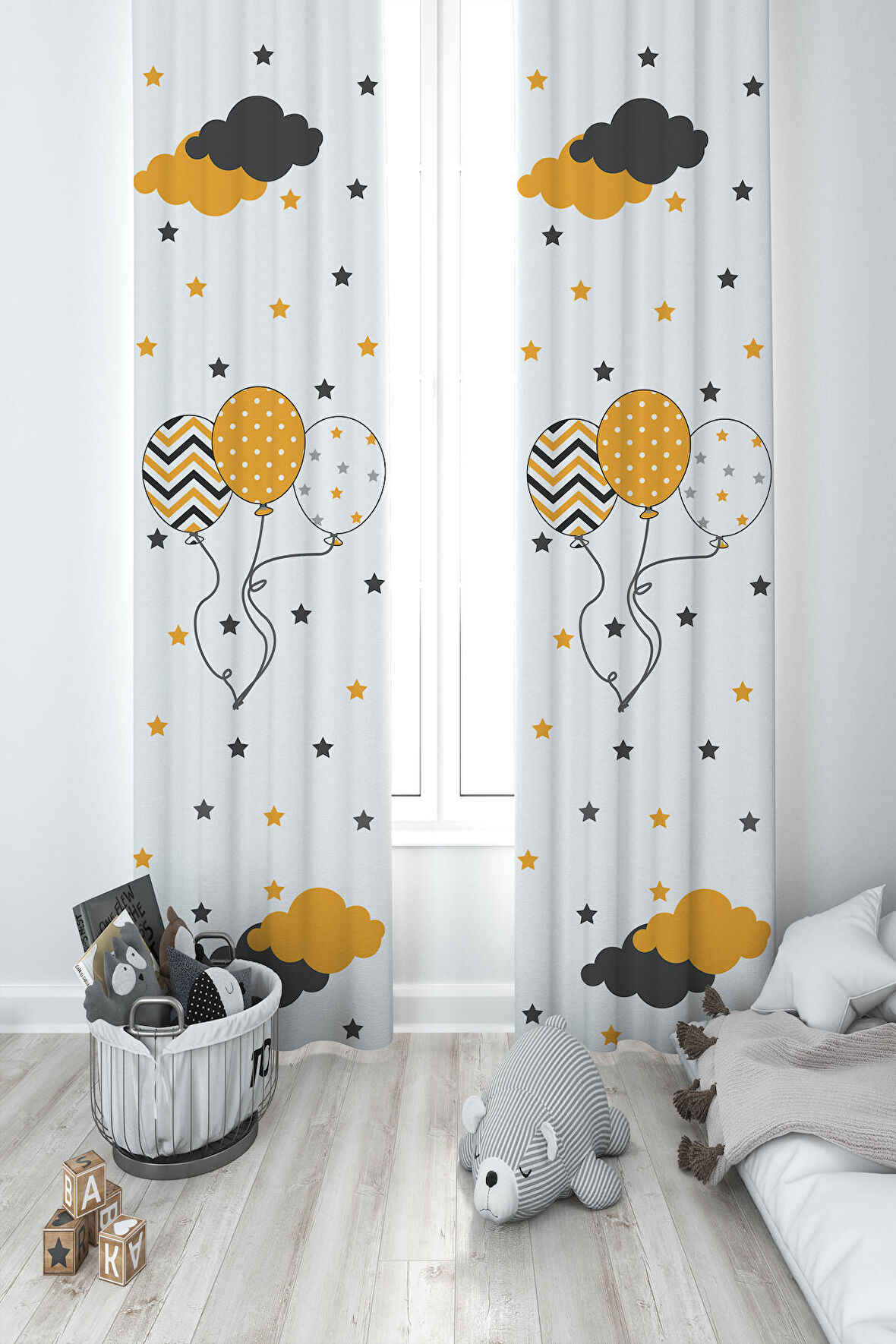 MEKTA HOME BEBEK VE ÇOCUK ODASI Üç Balonlu Yıldız Desenli 2 Kanat Fon Perde