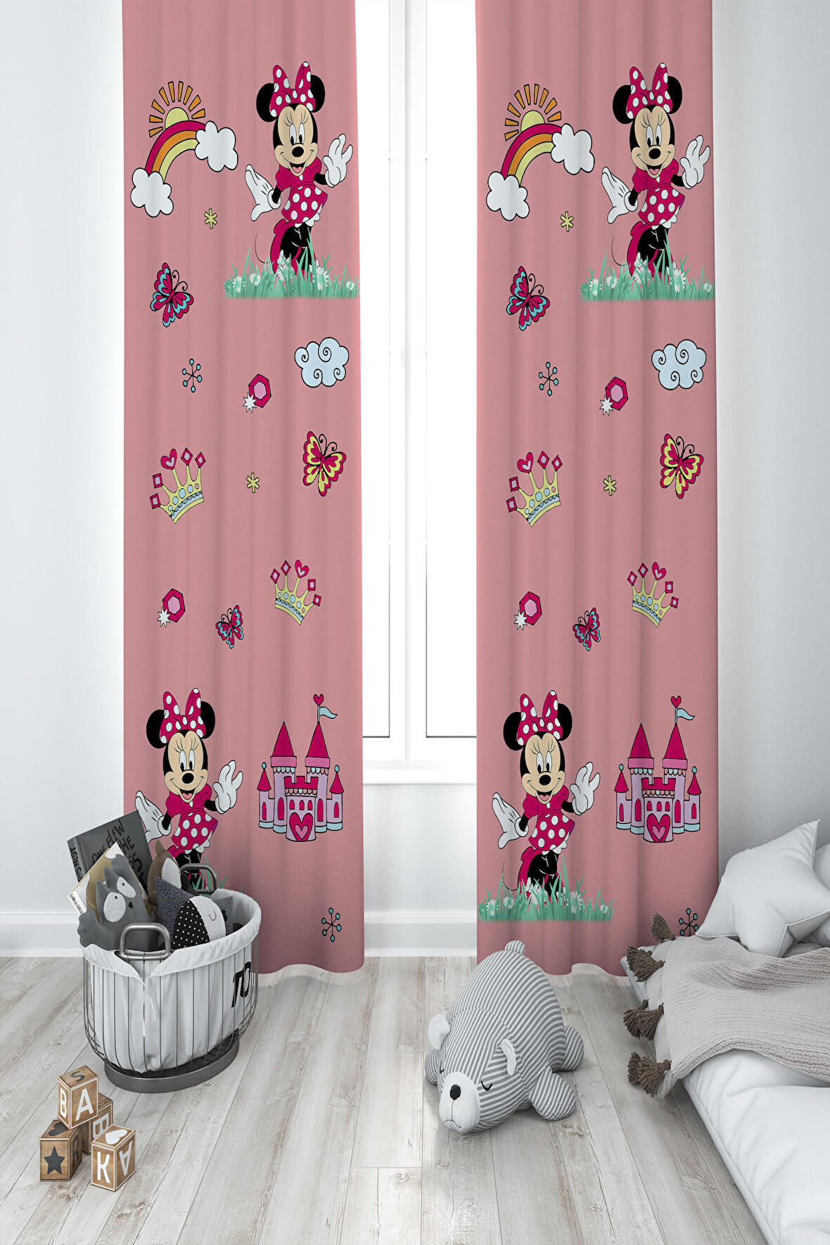 MEKTA HOME BEBEK VE ÇOCUK ODASI Seksekli Minnie Mouse Desenli 2 Kanat Fon Perde