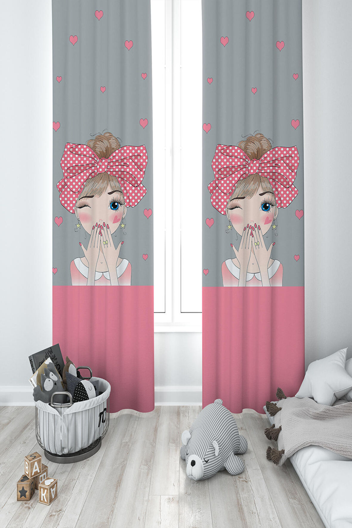 MEKTA HOME BEBEK VE ÇOCUK ODASI Fiyonklu Kız Desenli 2 Kanat Fon Perde