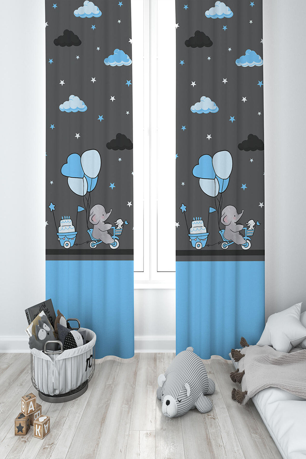 MEKTA HOME BEBEK VE ÇOCUK ODASI Yeşil Balonlu ve Bisikletli Fil Desenli  2 Kanat Fon Perde