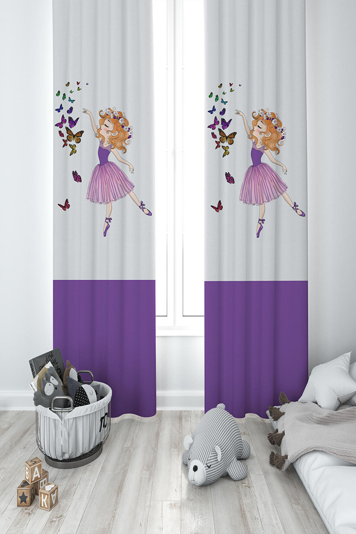 MEKTA HOME BEBEK VE ÇOCUK ODASI Kelebekli Prenses Kız Desenli 2 Kanat Fon Perde