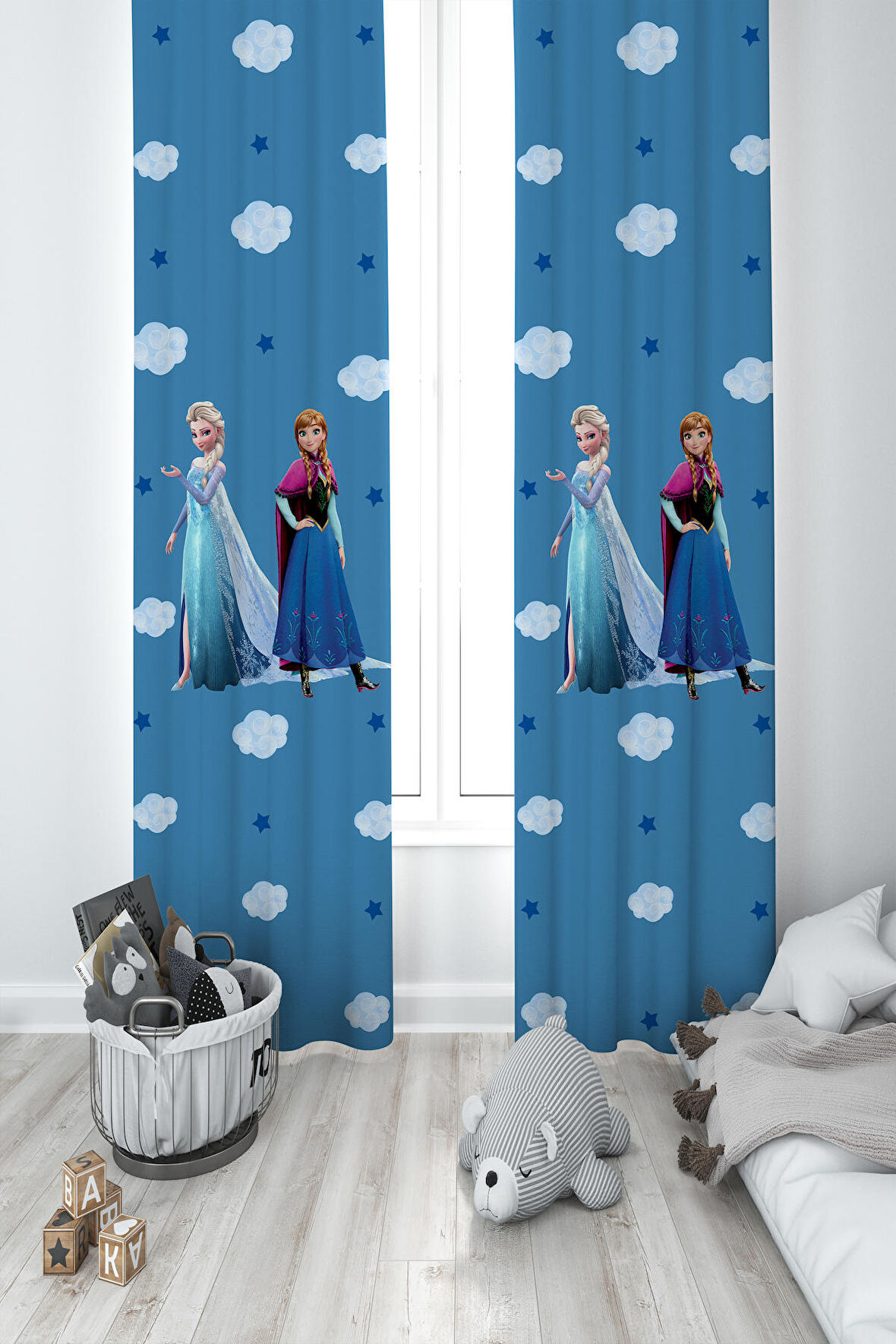 MEKTA HOME BEBEK VE ÇOCUK ODASI Seksekli ve Elsa Anna Desenli 2 Kanat Fon Perde