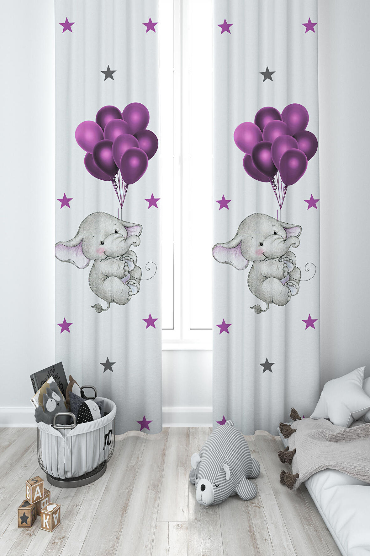 MEKTA HOME BEBEK VE ÇOCUK ODASI Filli ve Mor Balon Desenli 2 Kanat Fon Perde