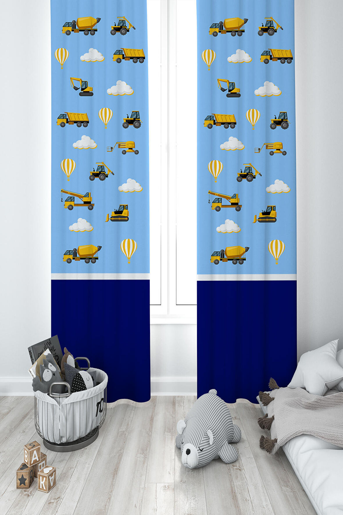 Mekta Home Bebek Ve Çocuk Odası İş Makinelı Ve Mavi Yol Desenli 2 Kanat Fon Perde