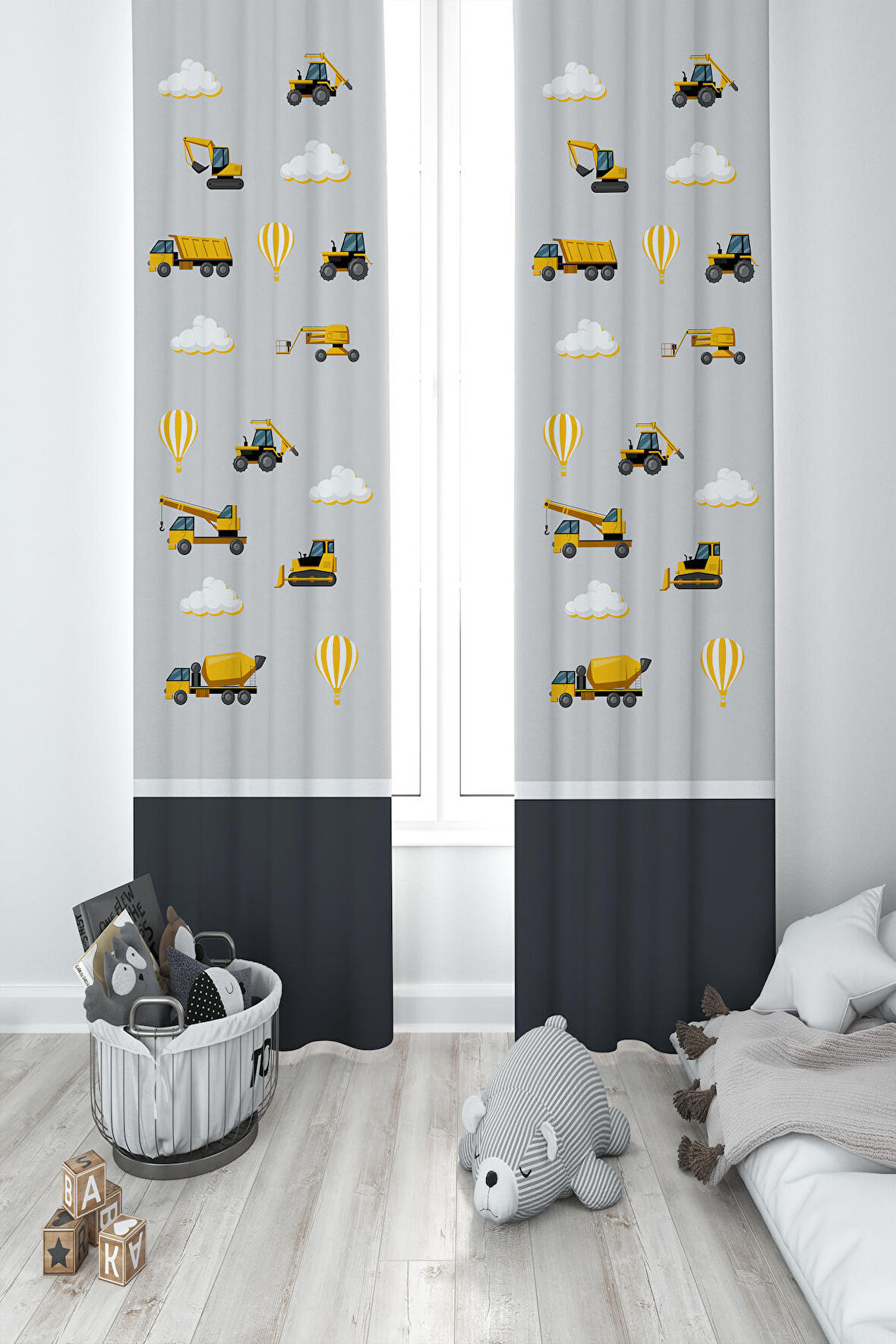 Mekta Home Bebek Ve Çocuk Odası İş Makinelı Gri Yol Desenli 2 Kanat Fon Perde