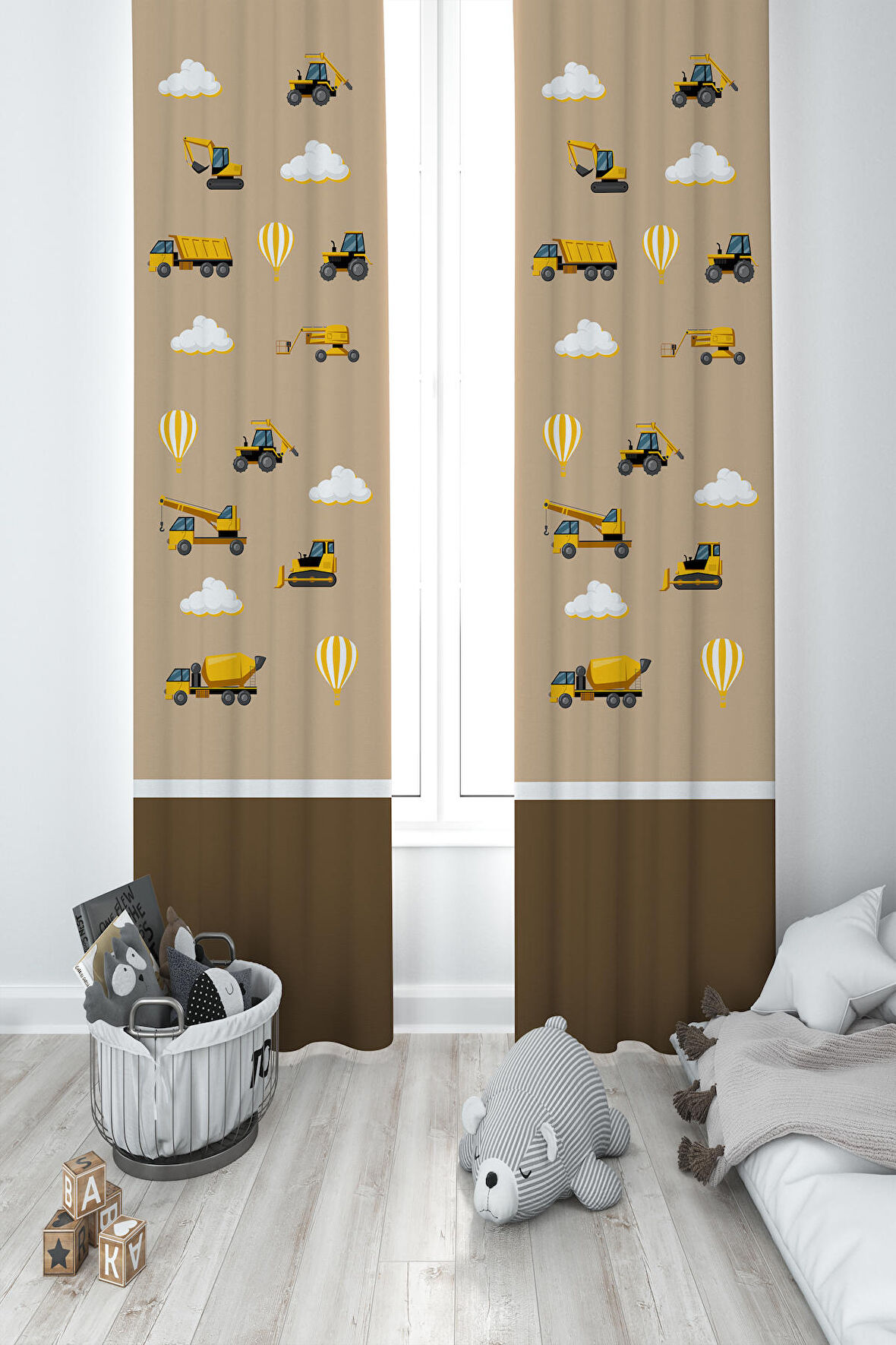 Mekta Home Bebek Ve Çocuk Odası İş Makinelı Kahverengi Yol Desenli 2 Kanat Fon Perde