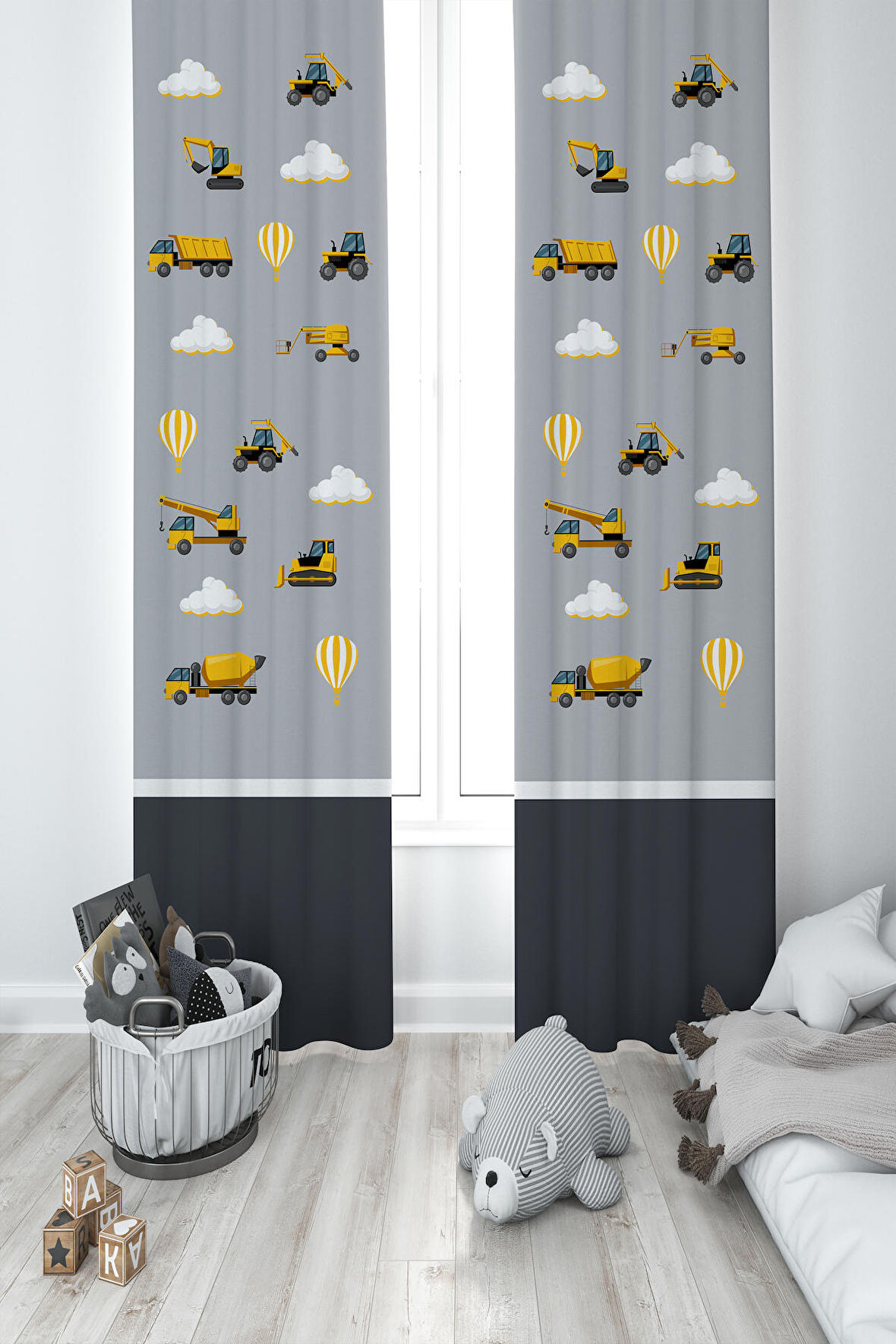 Mekta Home Bebek Ve Çocuk Odası İş Makinelı Sesekli Yol Desenli 2 Kanat Fon Perde