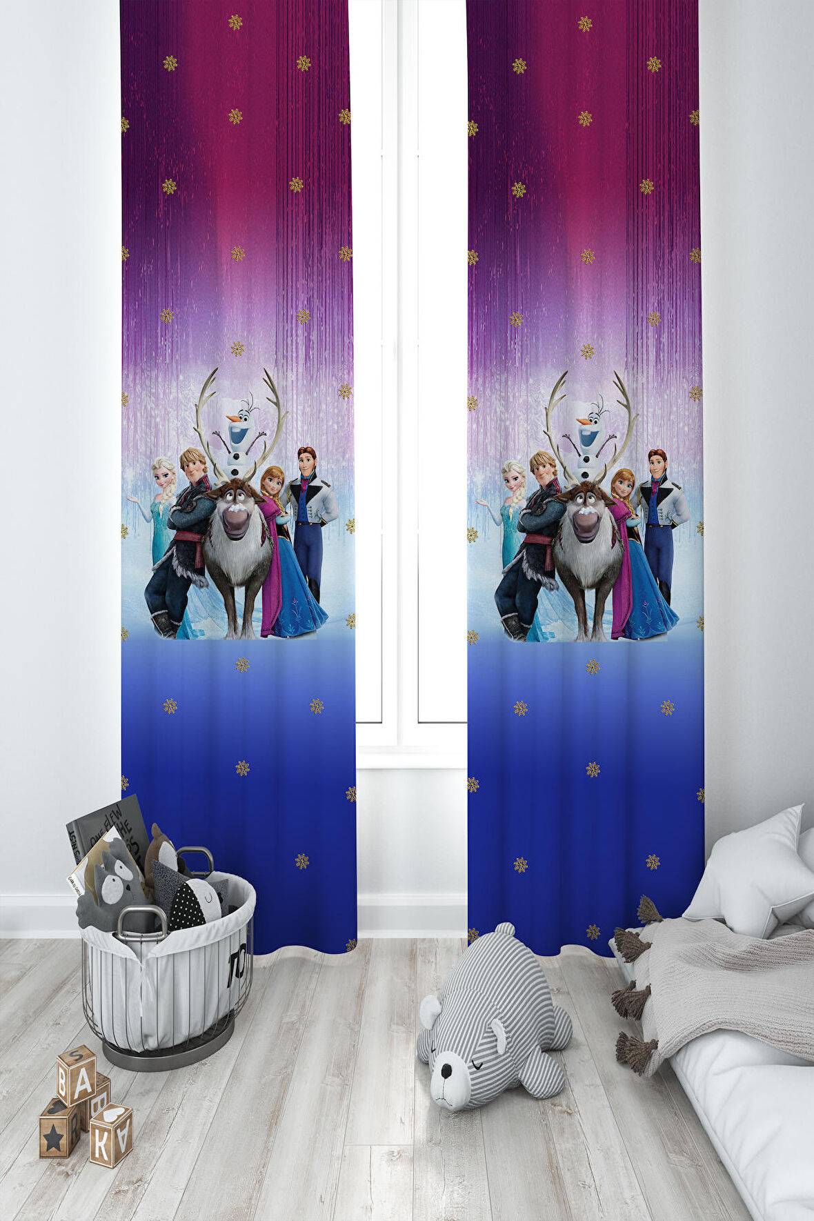 MEKTA HOME BEBEK VE ÇOCUK ODASI Karlar Ülkesi Mor Desenli 2 Kanat Fon Perde