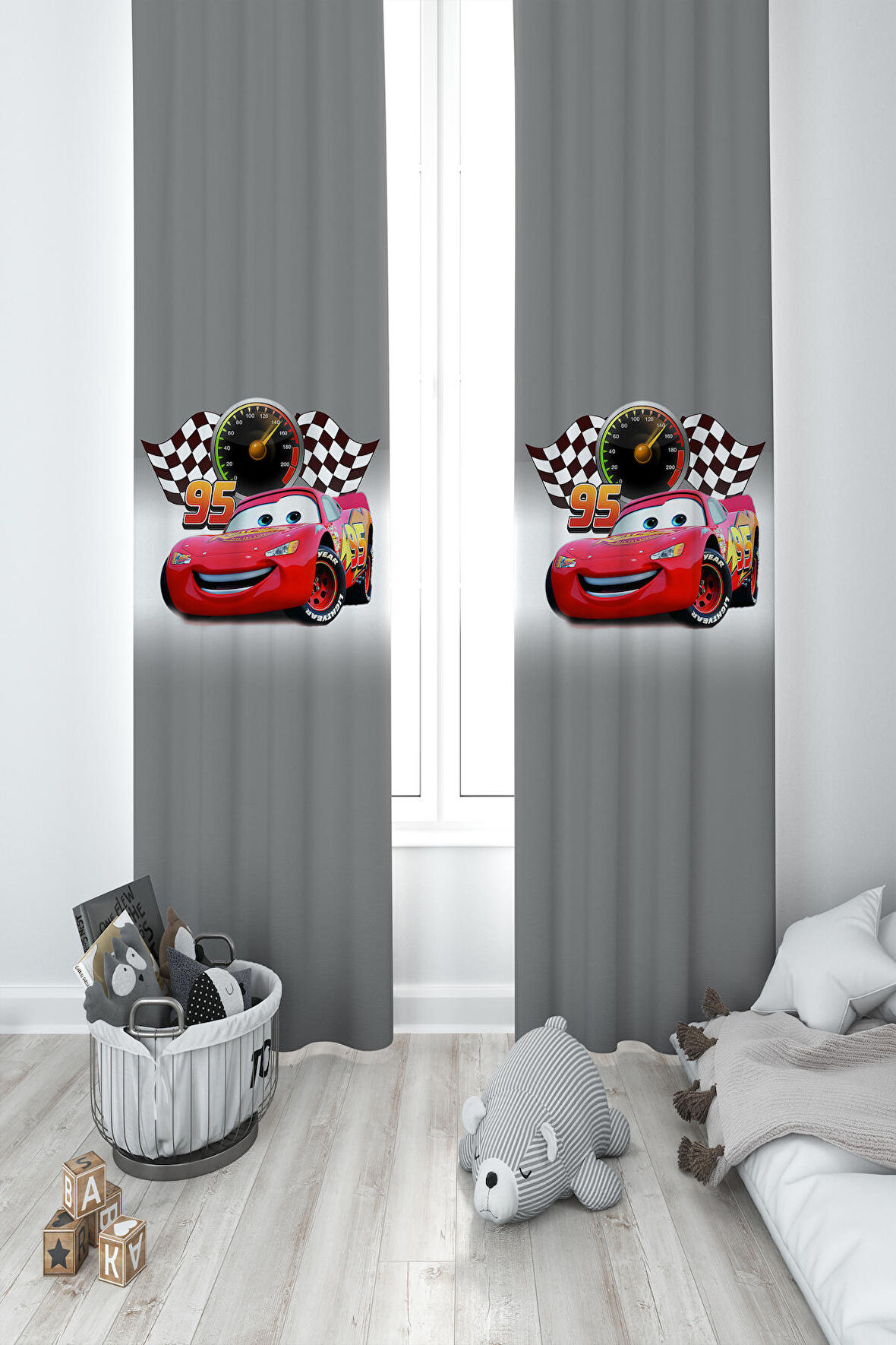 MEKTA HOME BEBEK VE ÇOCUK ODASI Gri McQueen Desenli 2 Kanat Fon Perde