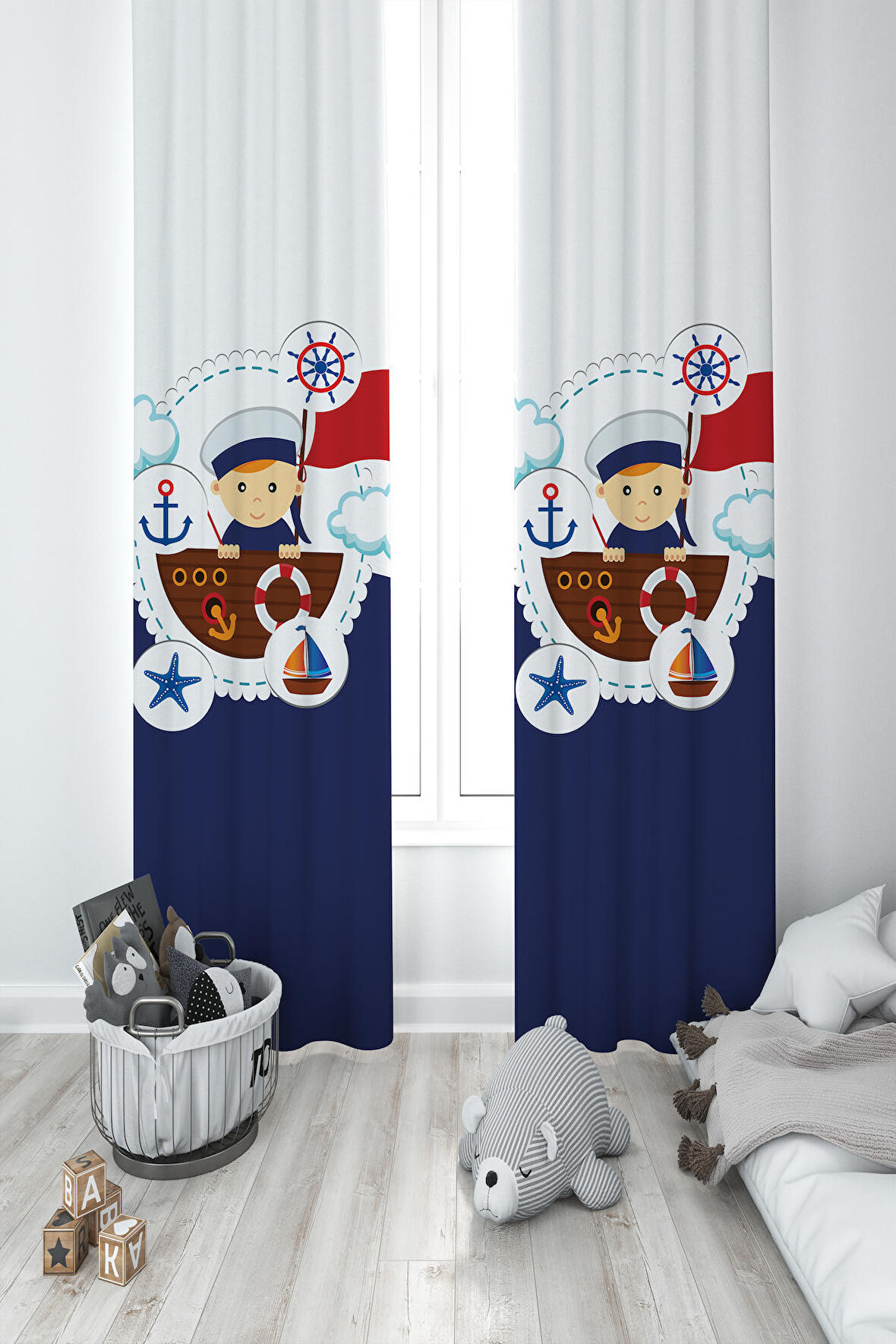 MEKTA HOME BEBEK VE ÇOCUK ODASI Küçük Denizci Kaptan Desenli 2 Kanat Fon Perde