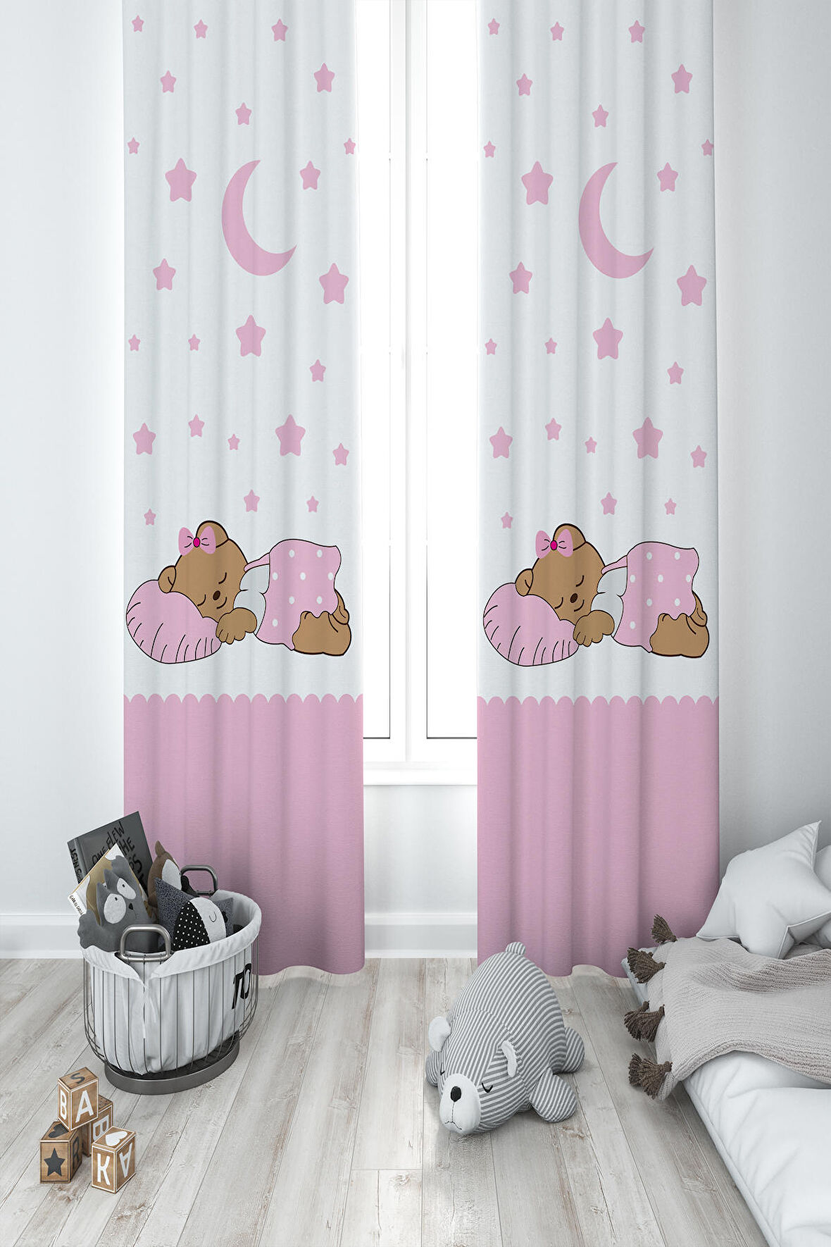 MEKTA HOME BEBEK VE ÇOCUK ODASI Uyuyan Sevimli Ayı Desenli Pembe 2 Kanat Fon Perde
