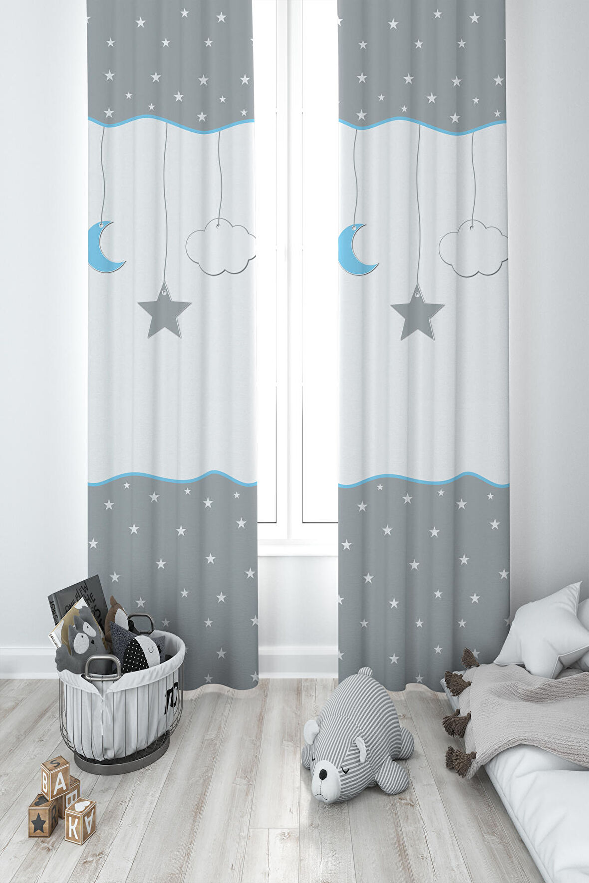 MEKTA HOME BEBEK VE ÇOCUK ODASI Yıldız ve Ay Desenli Çerçeveli 2 Kanat Fon Perde