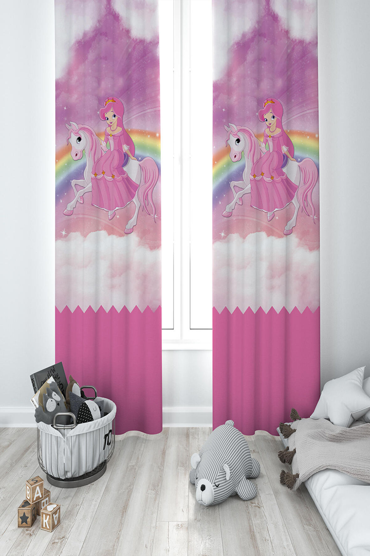 MEKTA HOME BEBEK VE ÇOCUK ODASI Gökuşağı ve Unicorn Desenli 2 Kanat Fon Perde