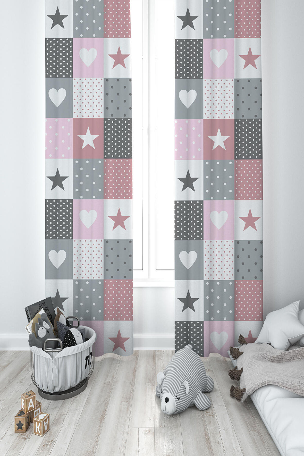 MEKTA HOME BEBEK VE ÇOCUK ODASI Soft Yıldız ve Kalp Desenli 2 Kanat Fon Perde