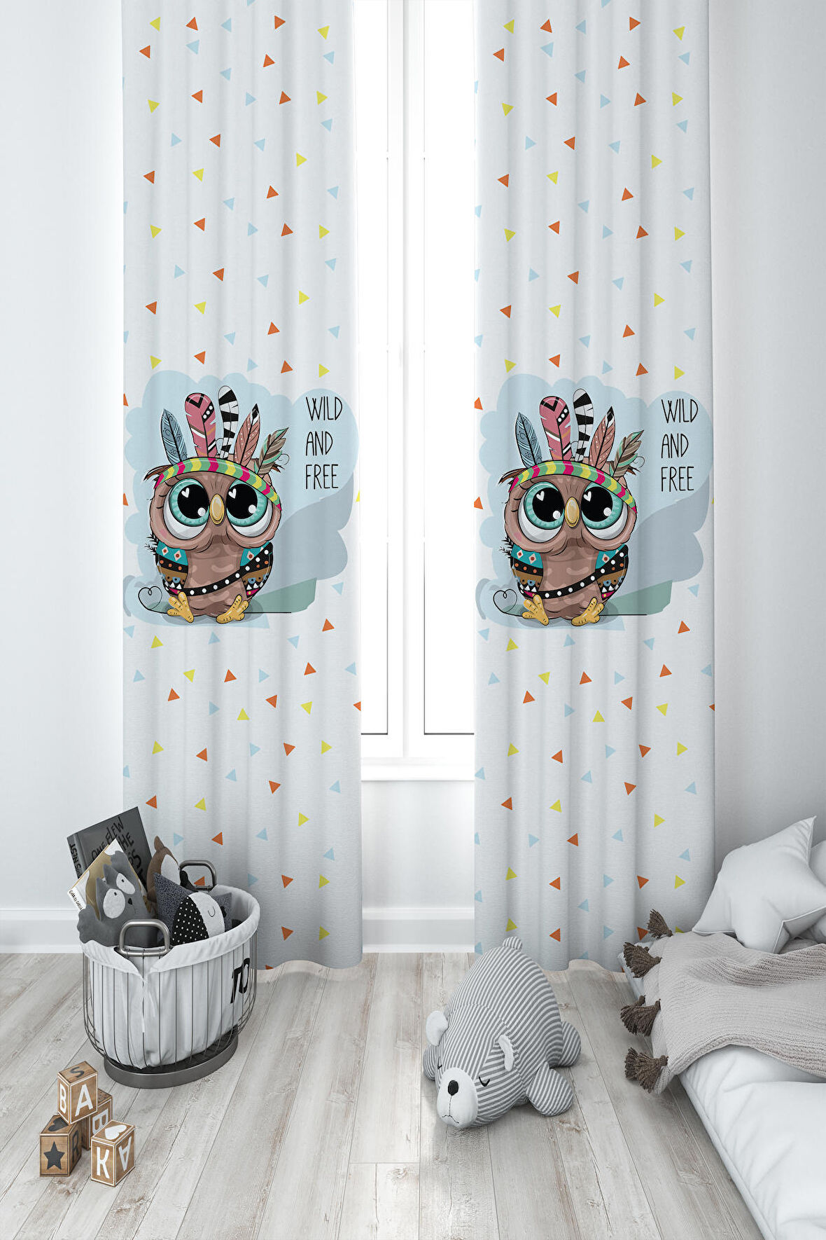 MEKTA HOME BEBEK VE ÇOCUK ODASI Baykuş Desenli 2 Kanat Fon Perde