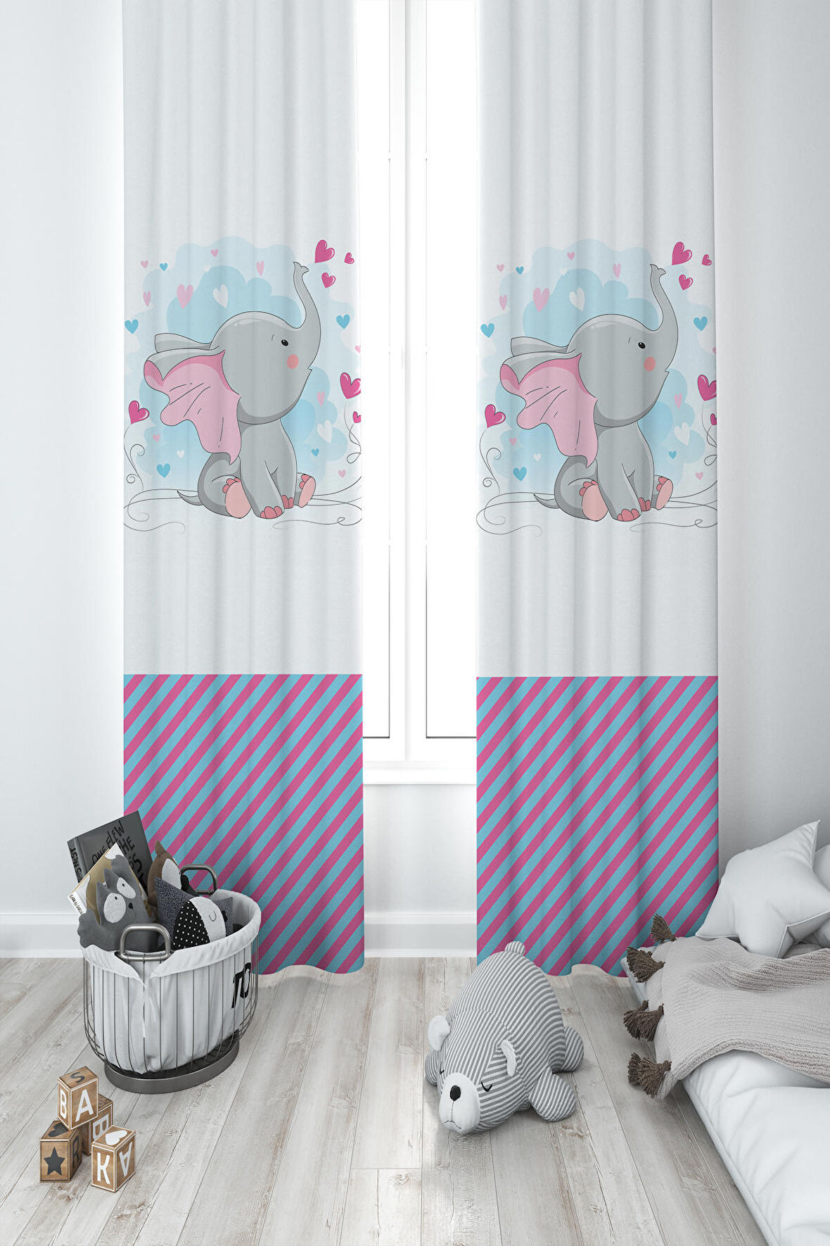 MEKTA HOME BEBEK VE ÇOCUK ODASI Kalpli ve Küçük Fil Desenli 2 Kanat Fon Perde