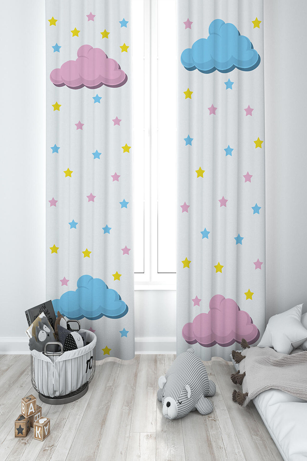 MEKTA HOME BEBEK VE ÇOCUK ODASI Pembe Mavi Bulut Desenli 2 Kanat Fon Perde