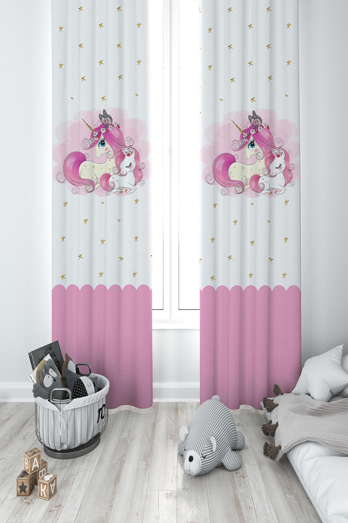 MEKTA HOME BEBEK VE ÇOCUK ODASI Yıldızlı Unicorn Desenli 2 Kanat Fon Perde 