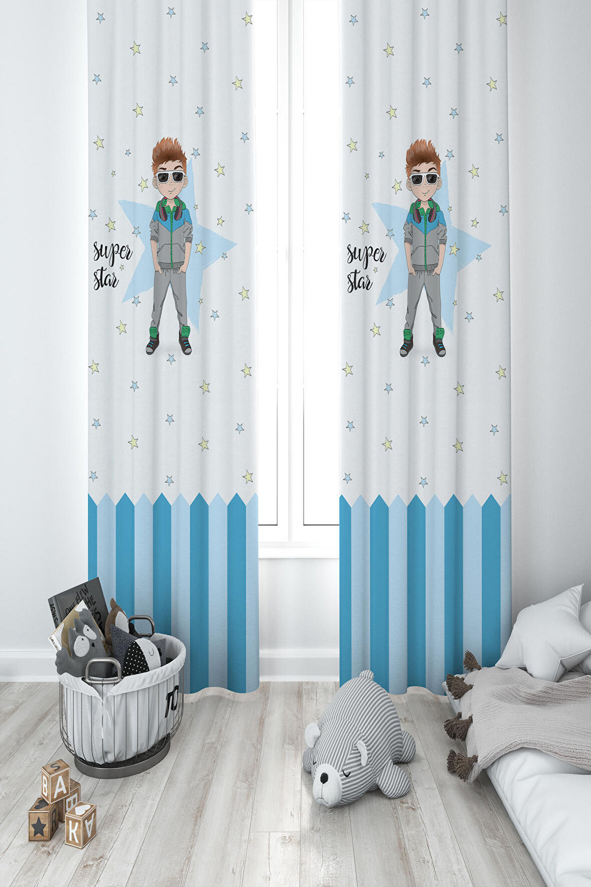 MEKTA HOME BEBEK VE ÇOCUK ODASI Süper Star Yıldızlı 2 Kanat Fon Perde