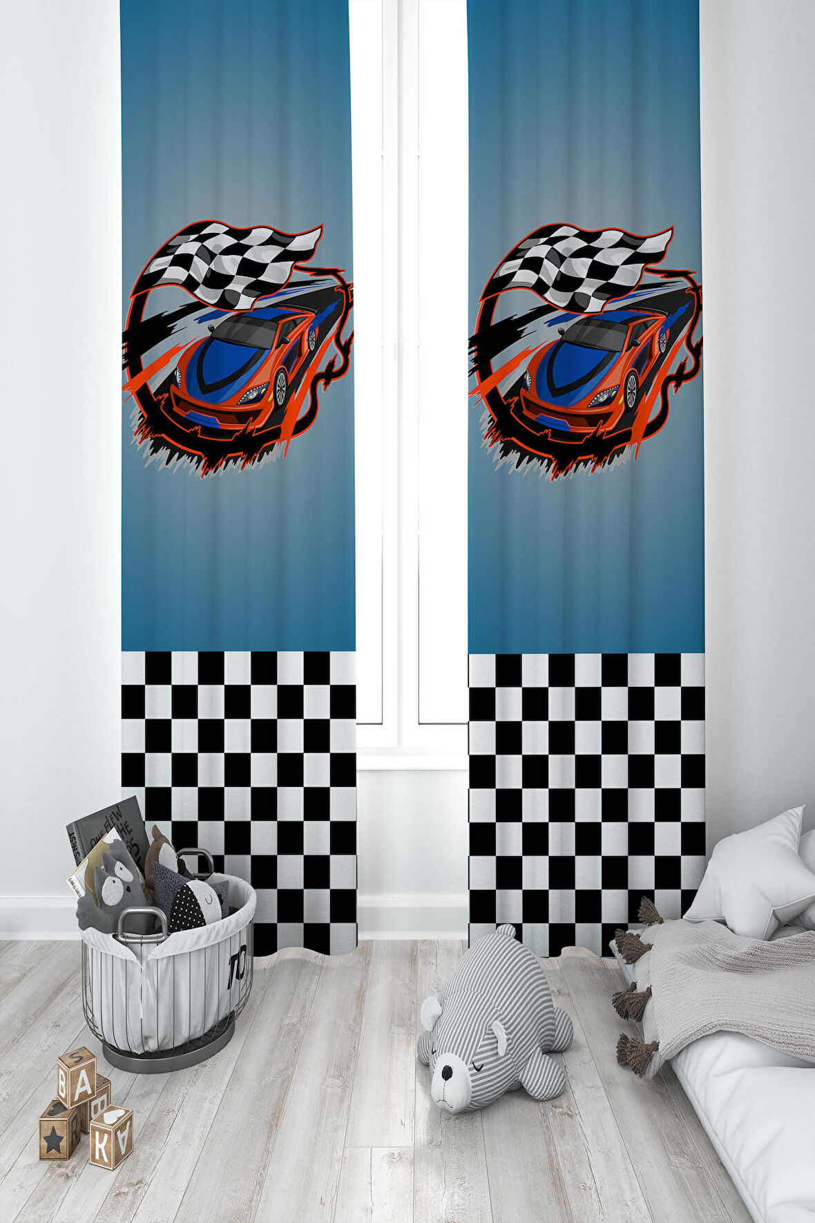 MEKTA HOME BEBEK VE ÇOCUK ODASI Mavi McQueen Deseli 2 Kanat Fon Perde