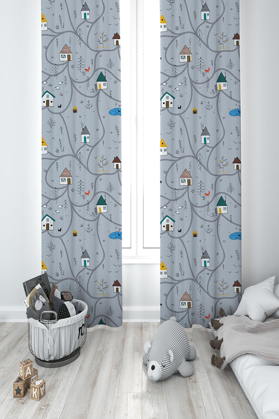 MEKTA HOME BEBEK VE ÇOCUK ODASI Küçük Evler ve Yol Desenli 2 Kanat Fon Perde