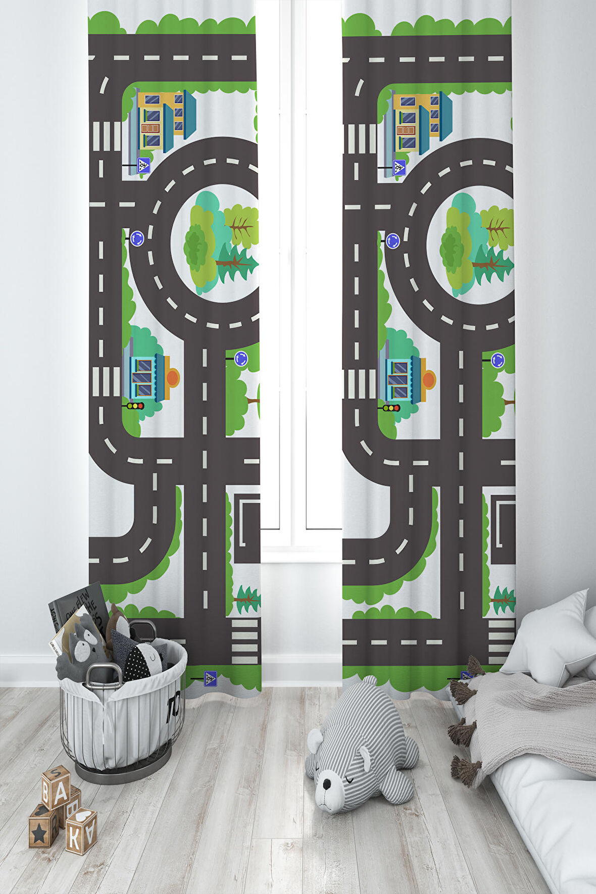 MEKTA HOME BEBEK VE ÇOCUK ODASI Otopark ve Yol Desenli 2 Kanat Fon Perde