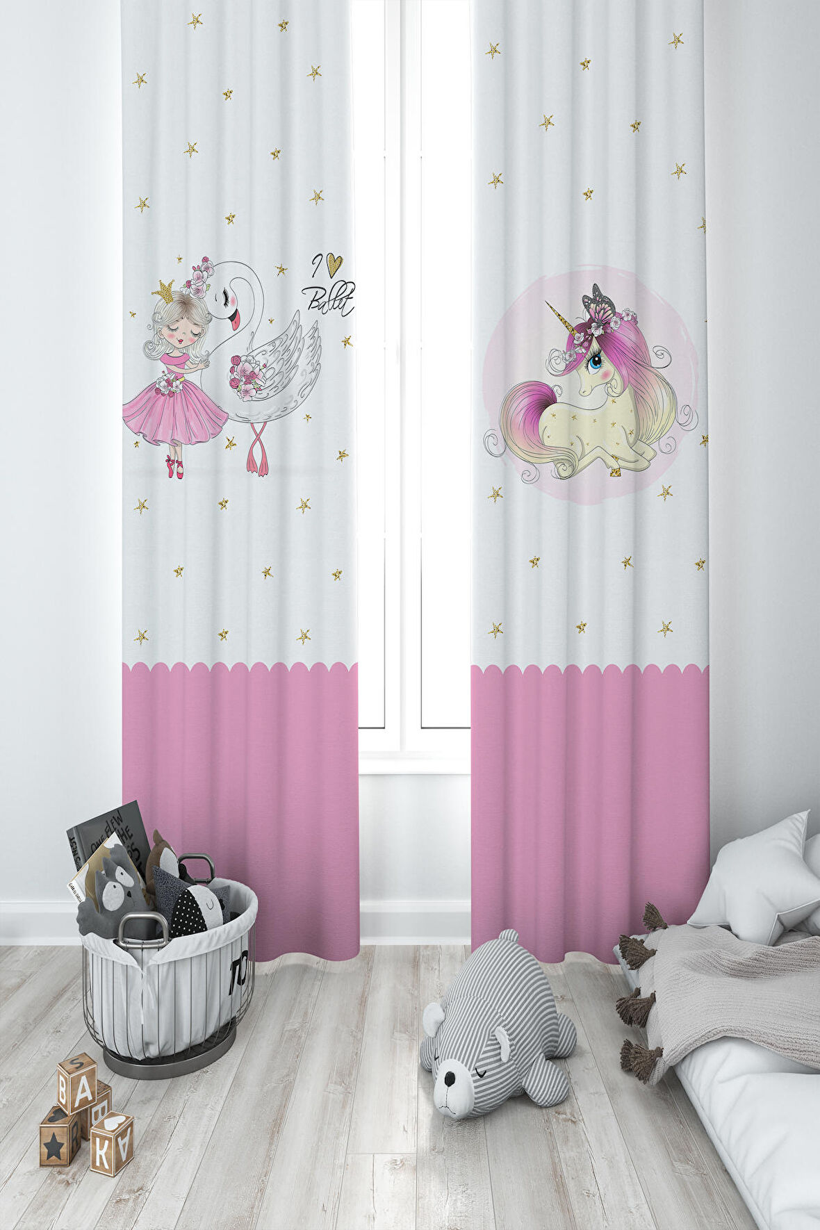 MEKTA HOME BEBEK VE ÇOCUK ODASI Yıldızlı Unicorn Desenli 2 Kanat Fon Perde 