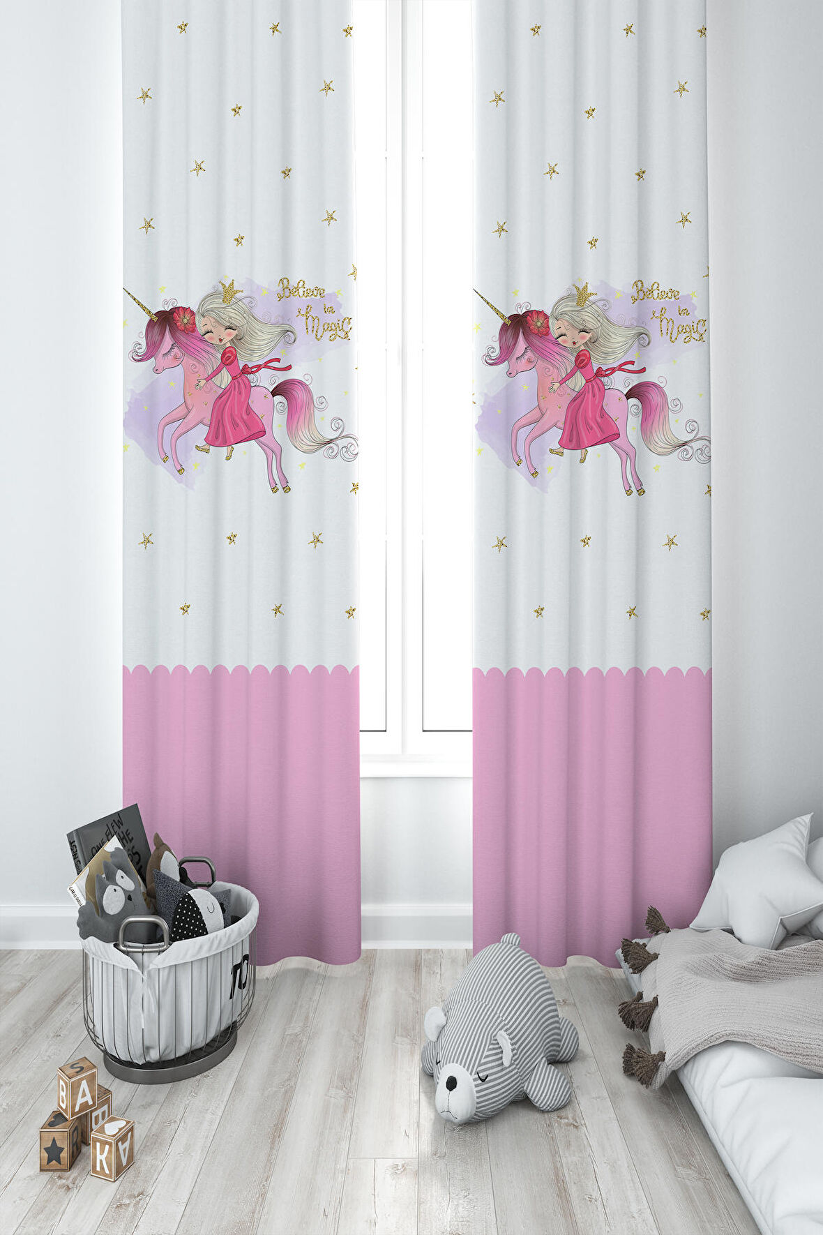 MEKTA HOME BEBEK VE ÇOCUK ODASI Unicorn Üzerinde Prenses Kız Desenli 2 Kanat Fon Perde