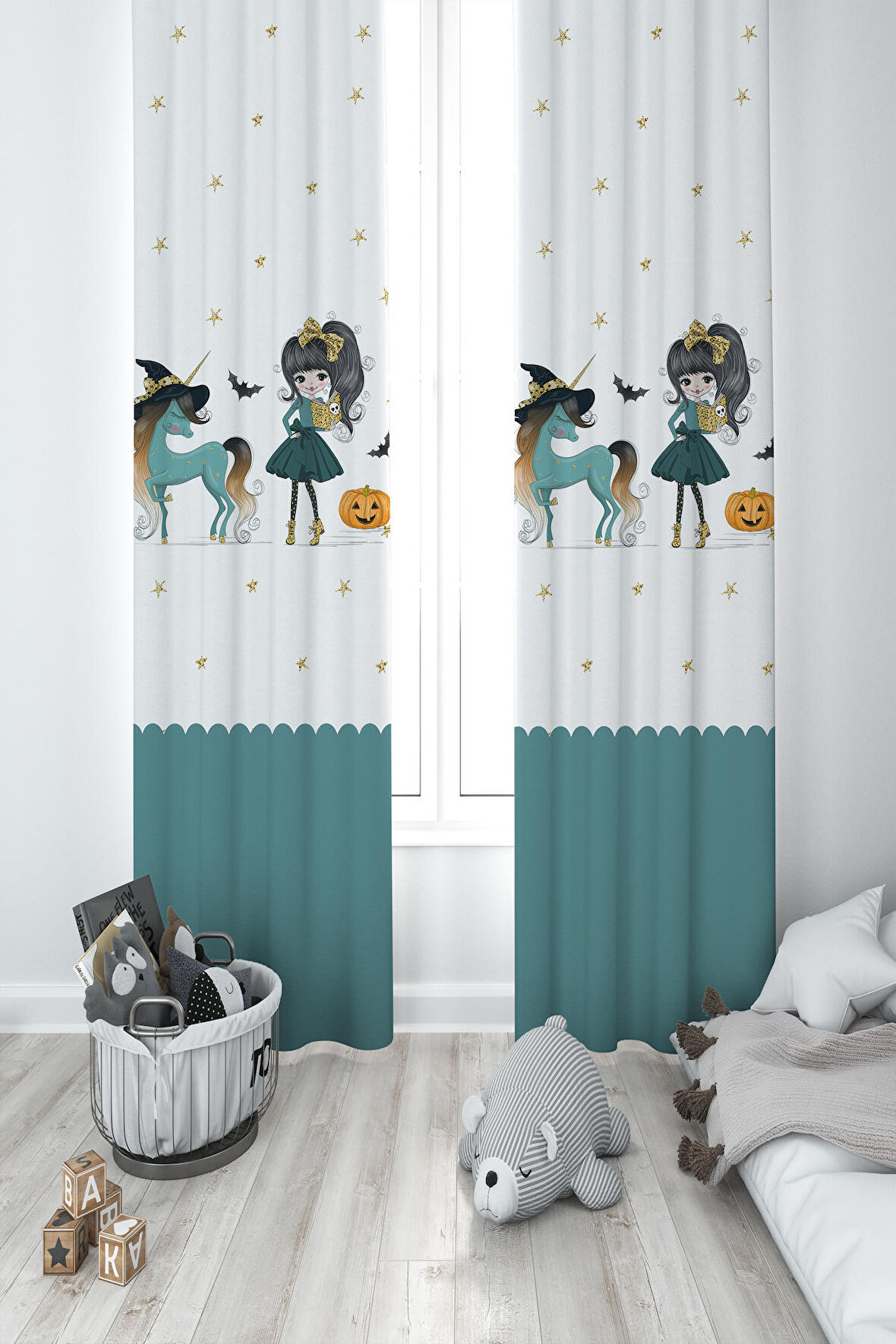 MEKTA HOME BEBEK VE ÇOCUK ODASI Bal Kabaklı Unicorn Desenli 2 Kanat Fon Perde