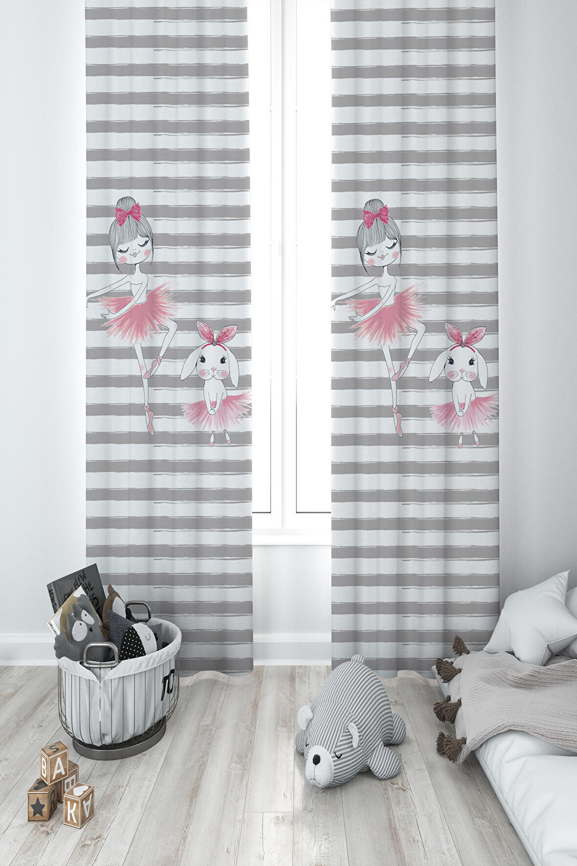 MEKTA HOME BEBEK VE ÇOCUK ODASI Tavşanlı Balerin Kız Desenli 2 Kanat Fon Perde