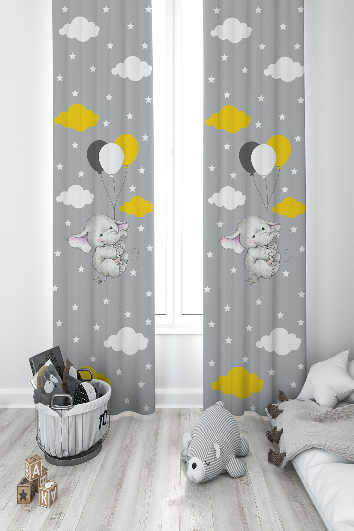 MEKTA HOME BEBEK VE ÇOCUK ODASI Tatlı Fil ve 3 Balon Desenli 2 Kanat Fon Perde