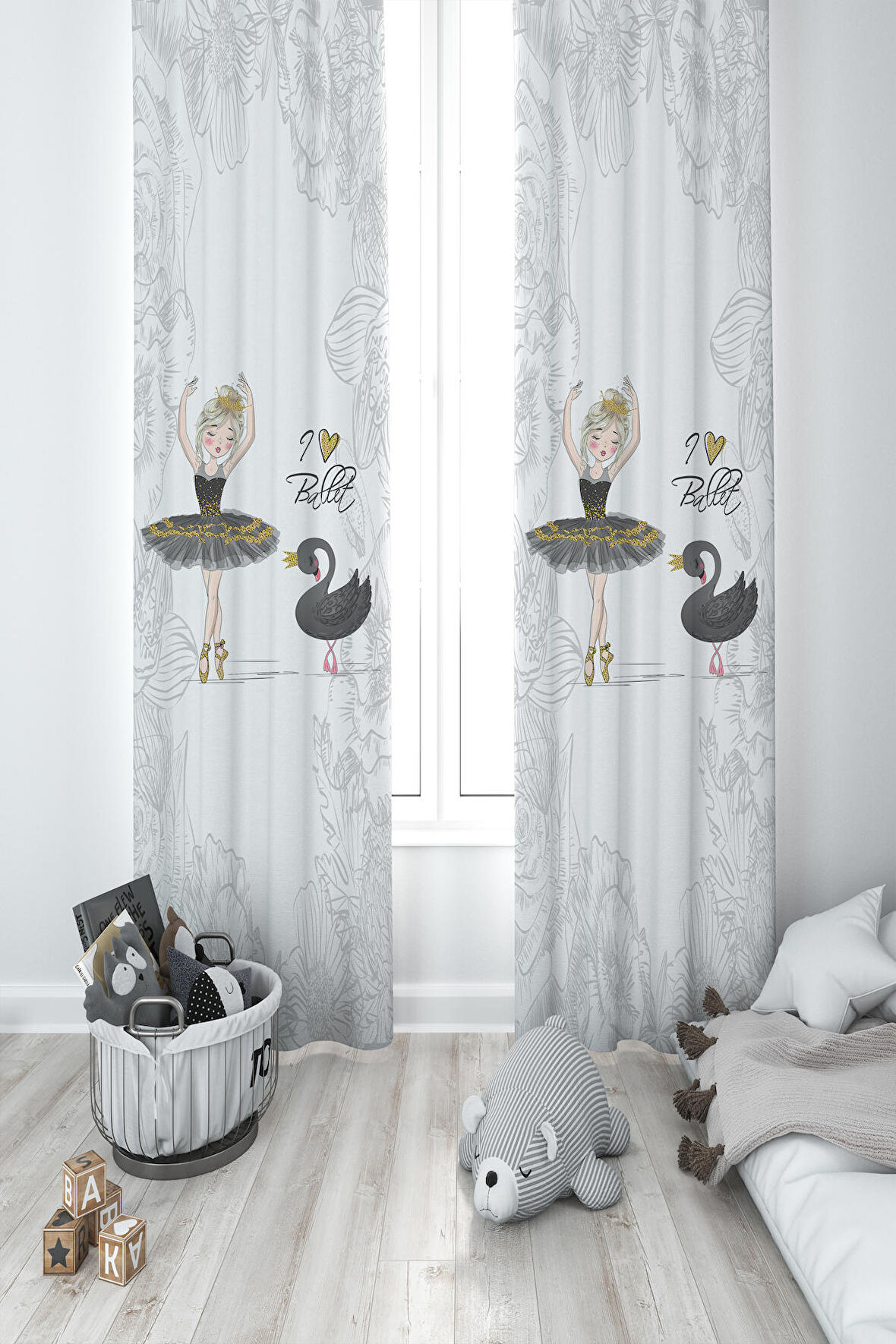 MEKTA HOME BEBEK VE ÇOCUK ODASI Baleri ve Kuğu Desenli Motifli 2 Kanat Fon Perde