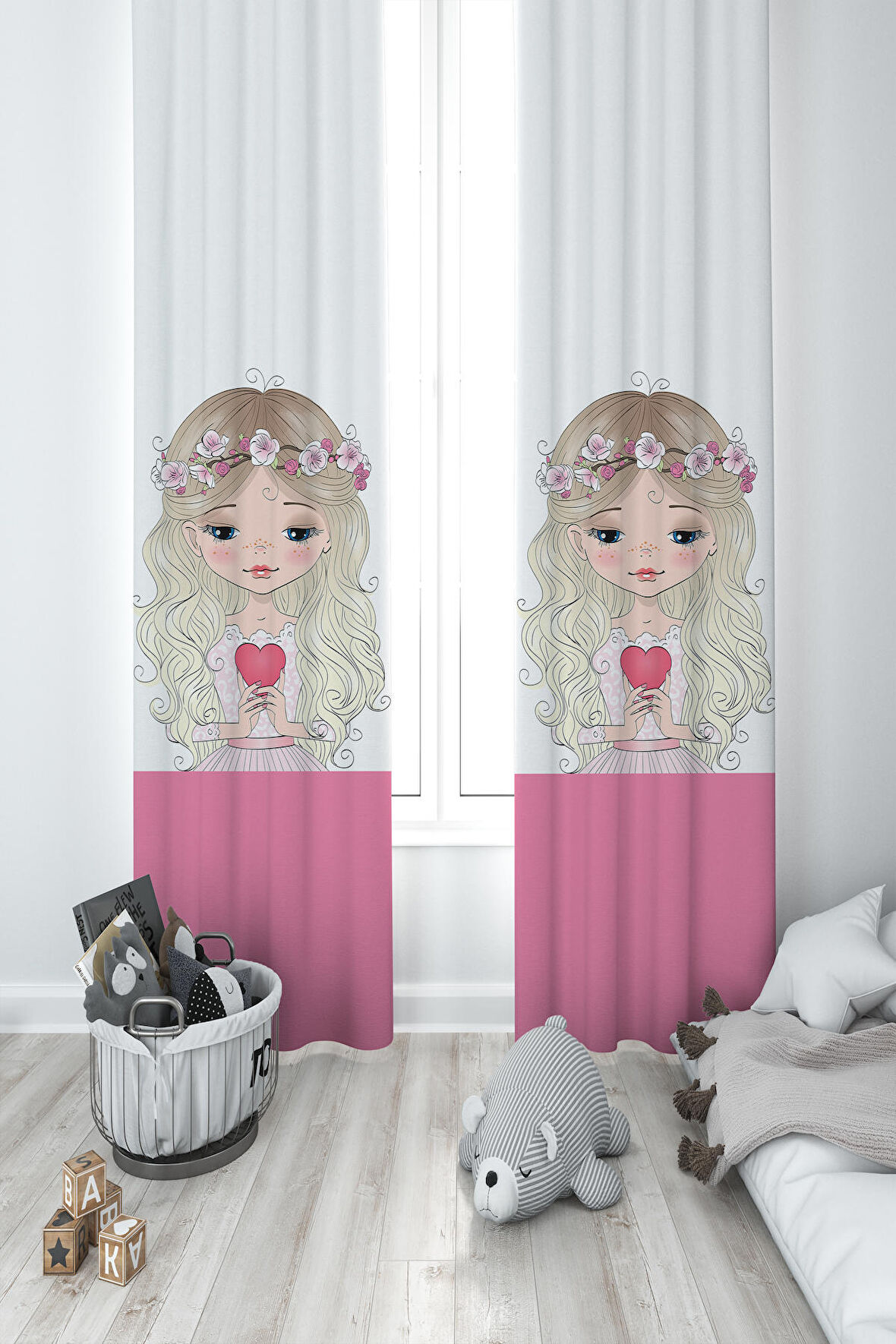 MEKTA HOME BEBEK VE ÇOCUK ODASI Kalp Tutan Prenses Kız Desenli 2 Kanat Fon Perde