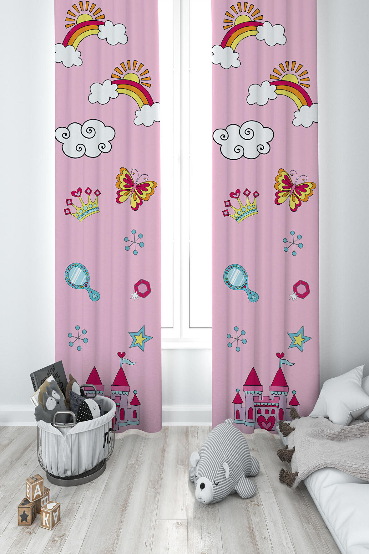 MEKTA HOME BEBEK VE ÇOCUK ODASI Gökkuşağı ve Bulut Desenli Pembe 2 Kanat Fon Perde