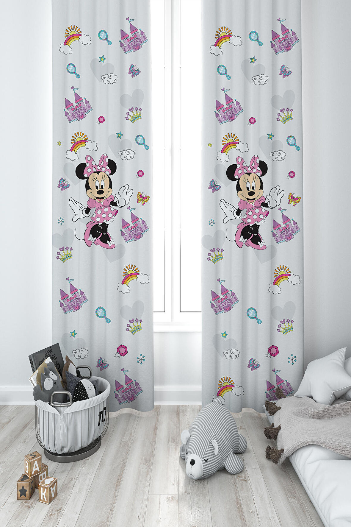 MEKTA HOME BEBEK VE ÇOCUK ODASI Minnie Mause Küçük Figür Desenli 2 Kanat Fon Perde