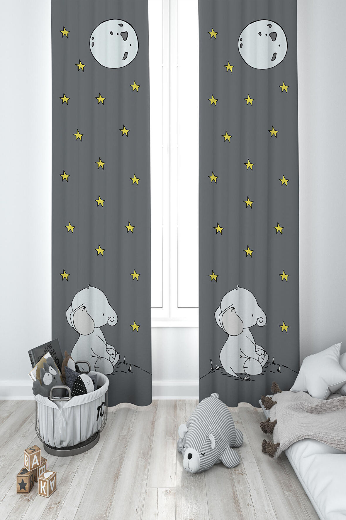 MEKTA HOME BEBEK VE ÇOCUK ODASI Ay ve Fil Desenli 2 Kanat Fon Perde